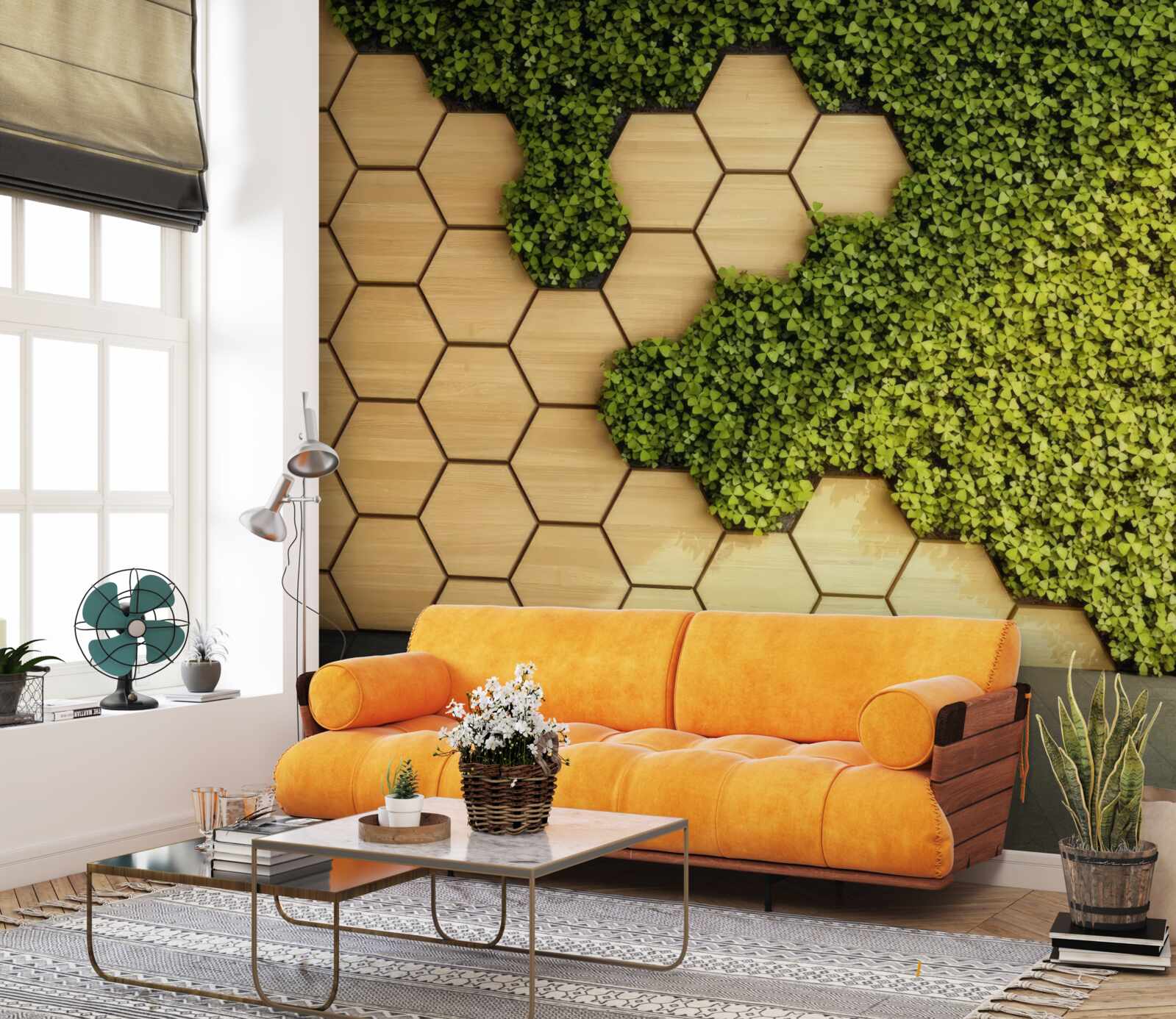 Fototapet iederă verde înfășurată în jurul unui perete maro