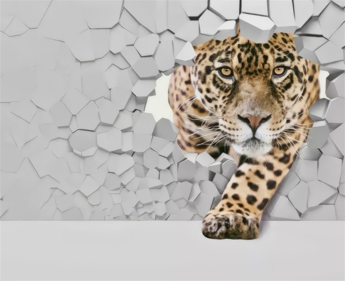 Fototapet un leopard iese dintr-un perete alb