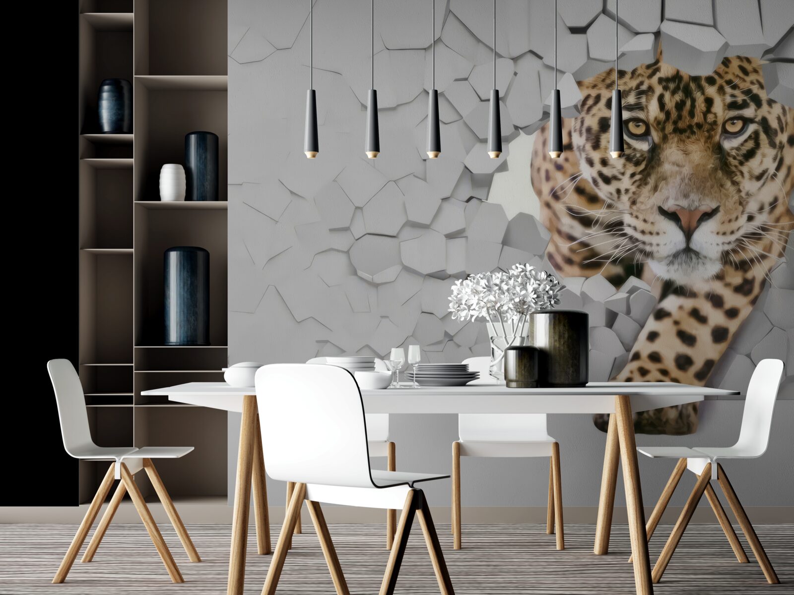 Fototapet un leopard iese dintr-un perete alb