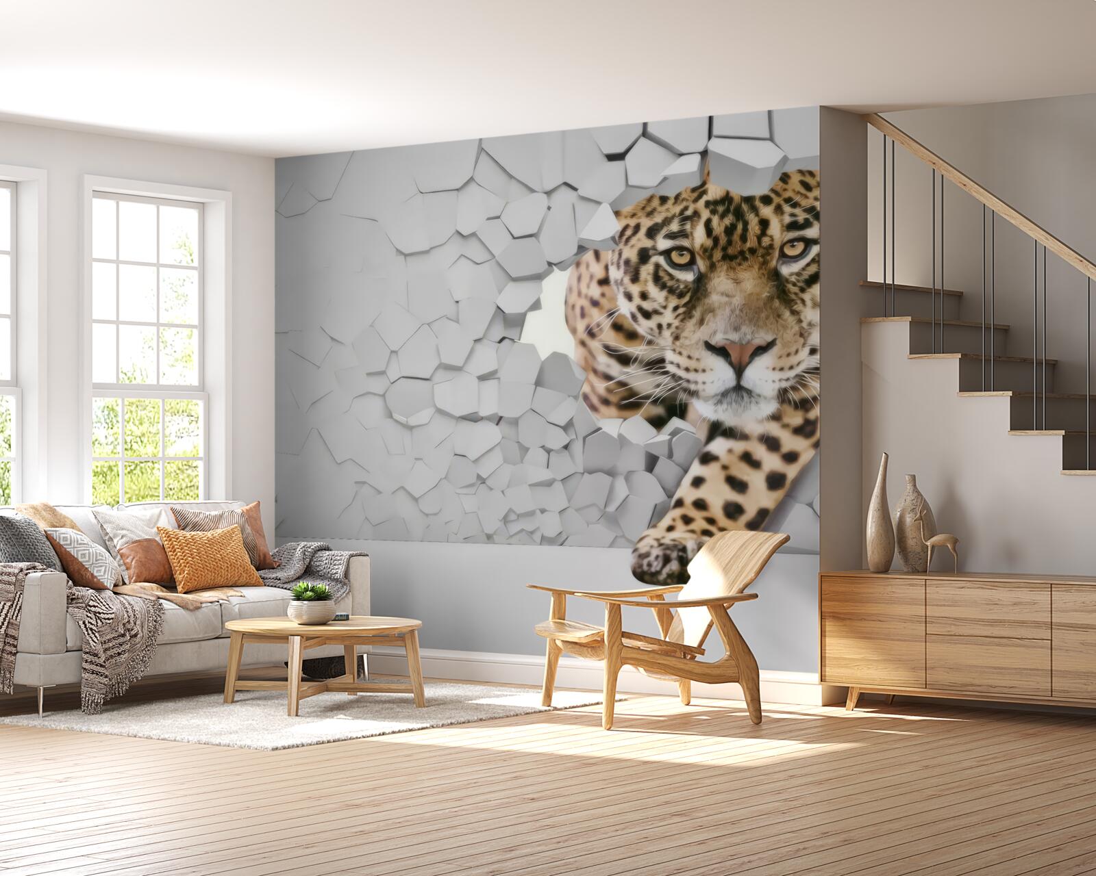 Fototapet un leopard iese dintr-un perete alb