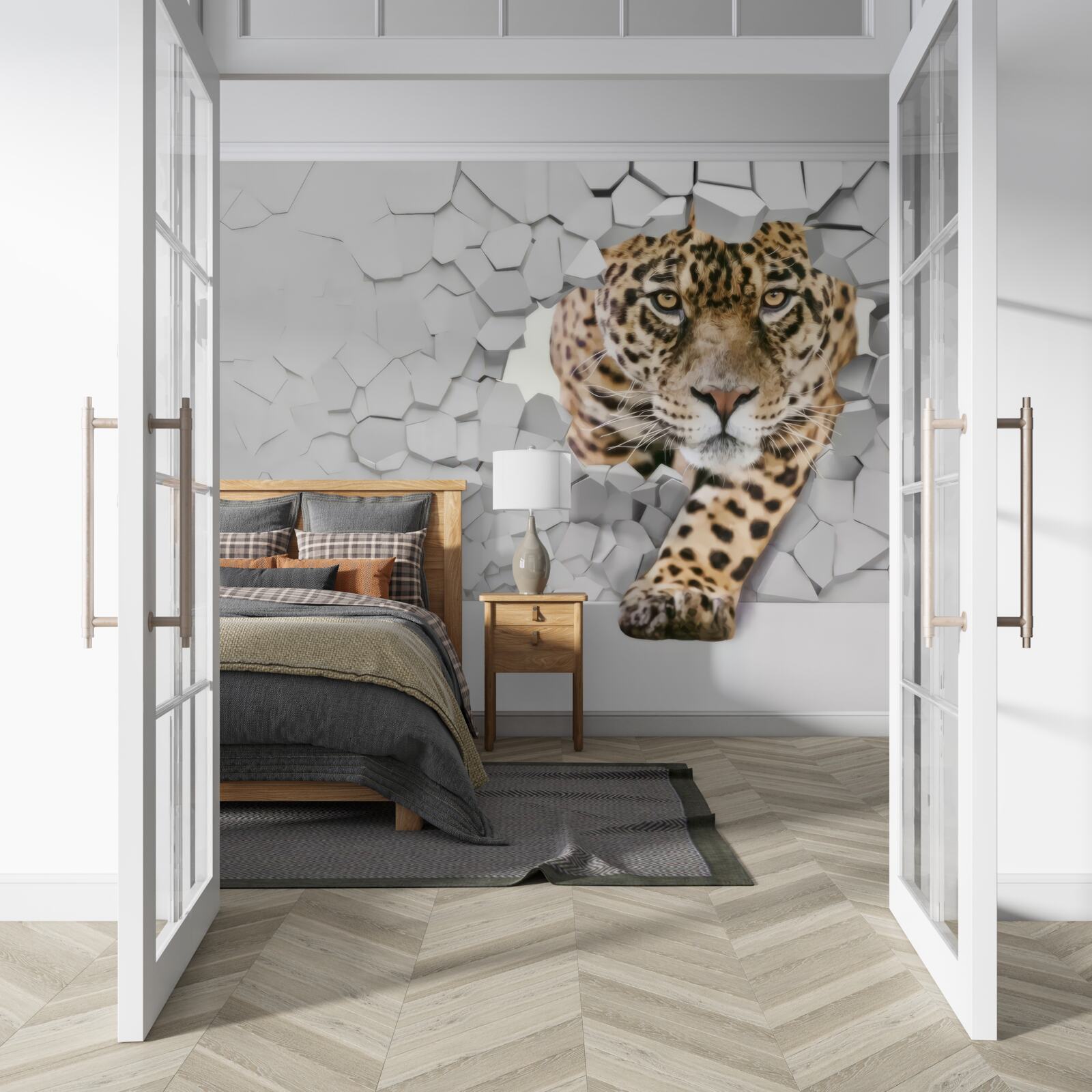Fototapet un leopard iese dintr-un perete alb