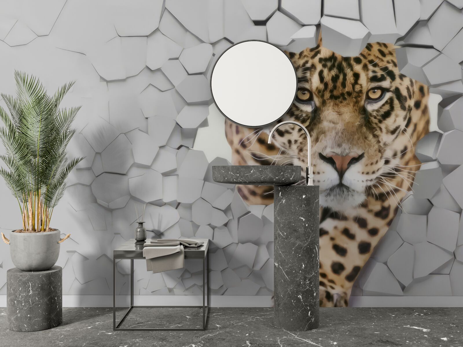 Fototapet un leopard iese dintr-un perete alb