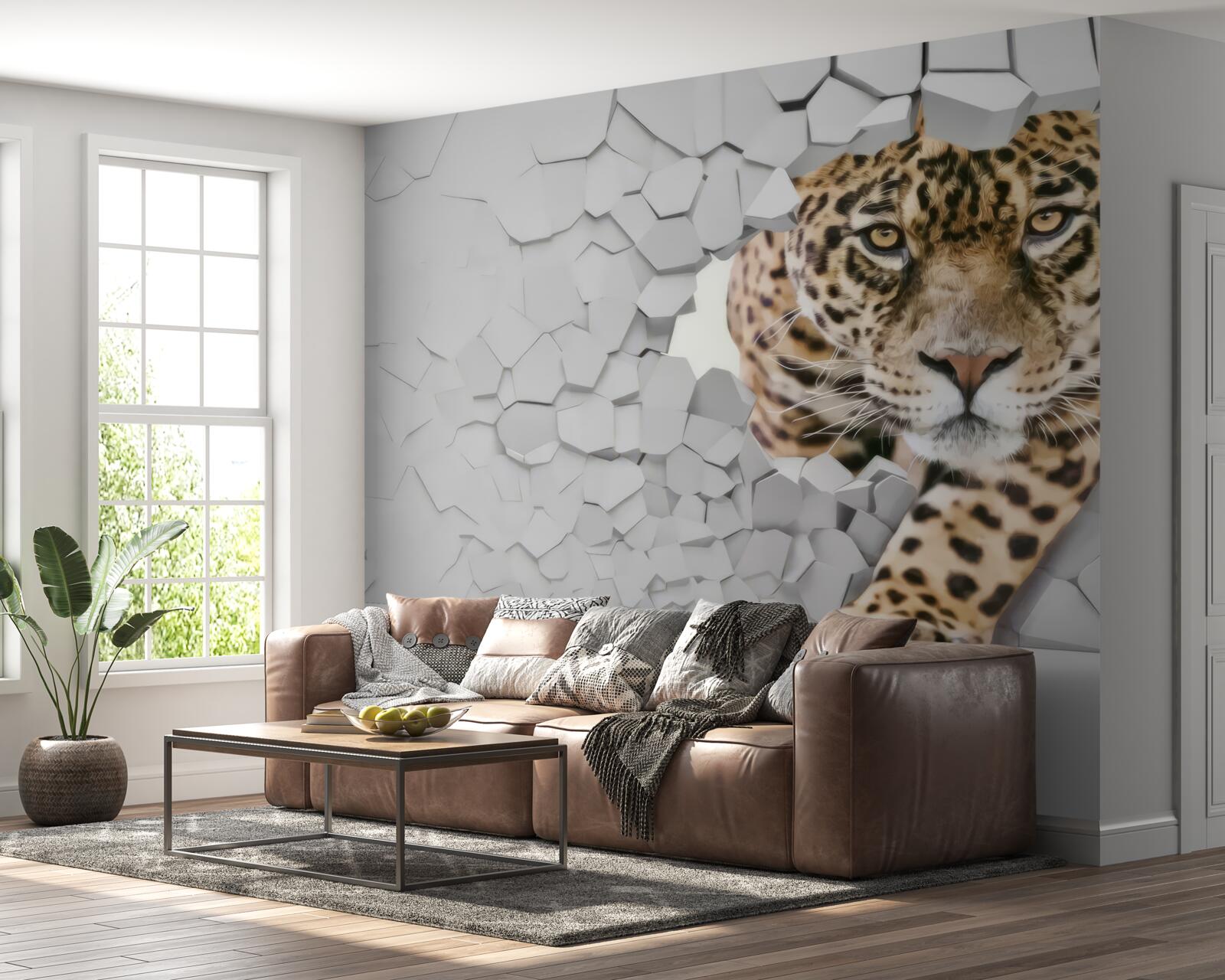 Fototapet un leopard iese dintr-un perete alb