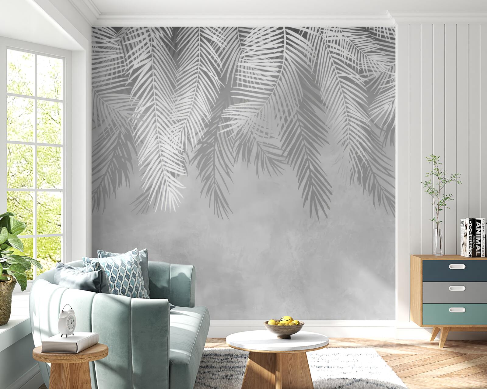 Fototapet frunze mari de ferigă albă care atârnă în jos