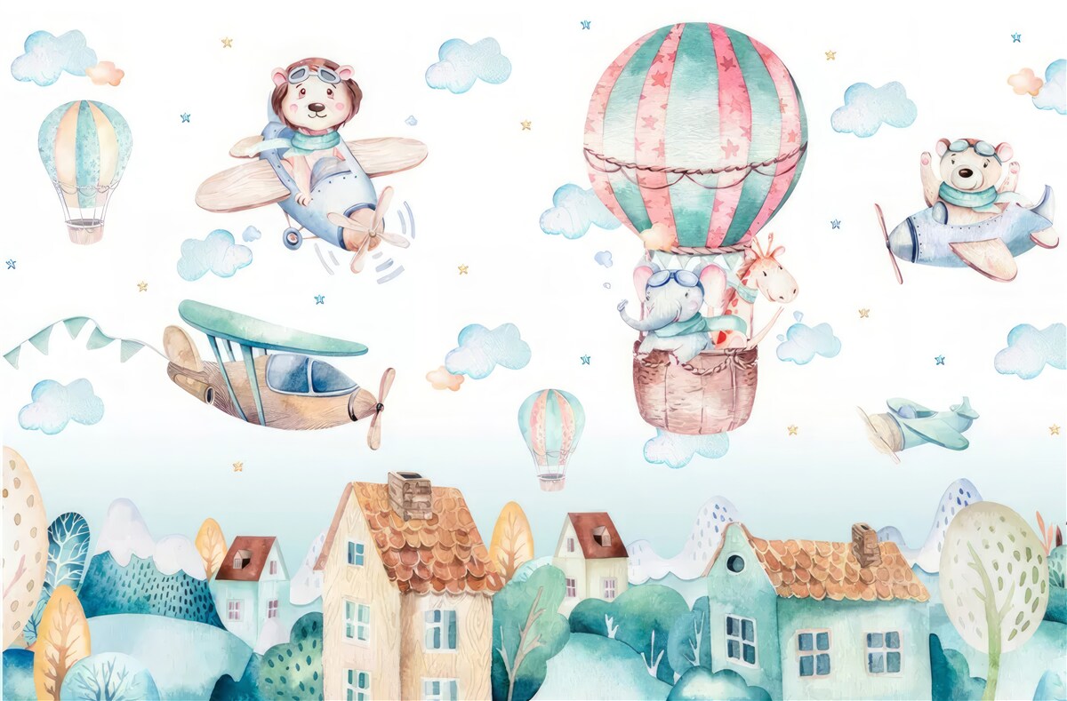 Fototapet animalele zboară peste case cu vehicule