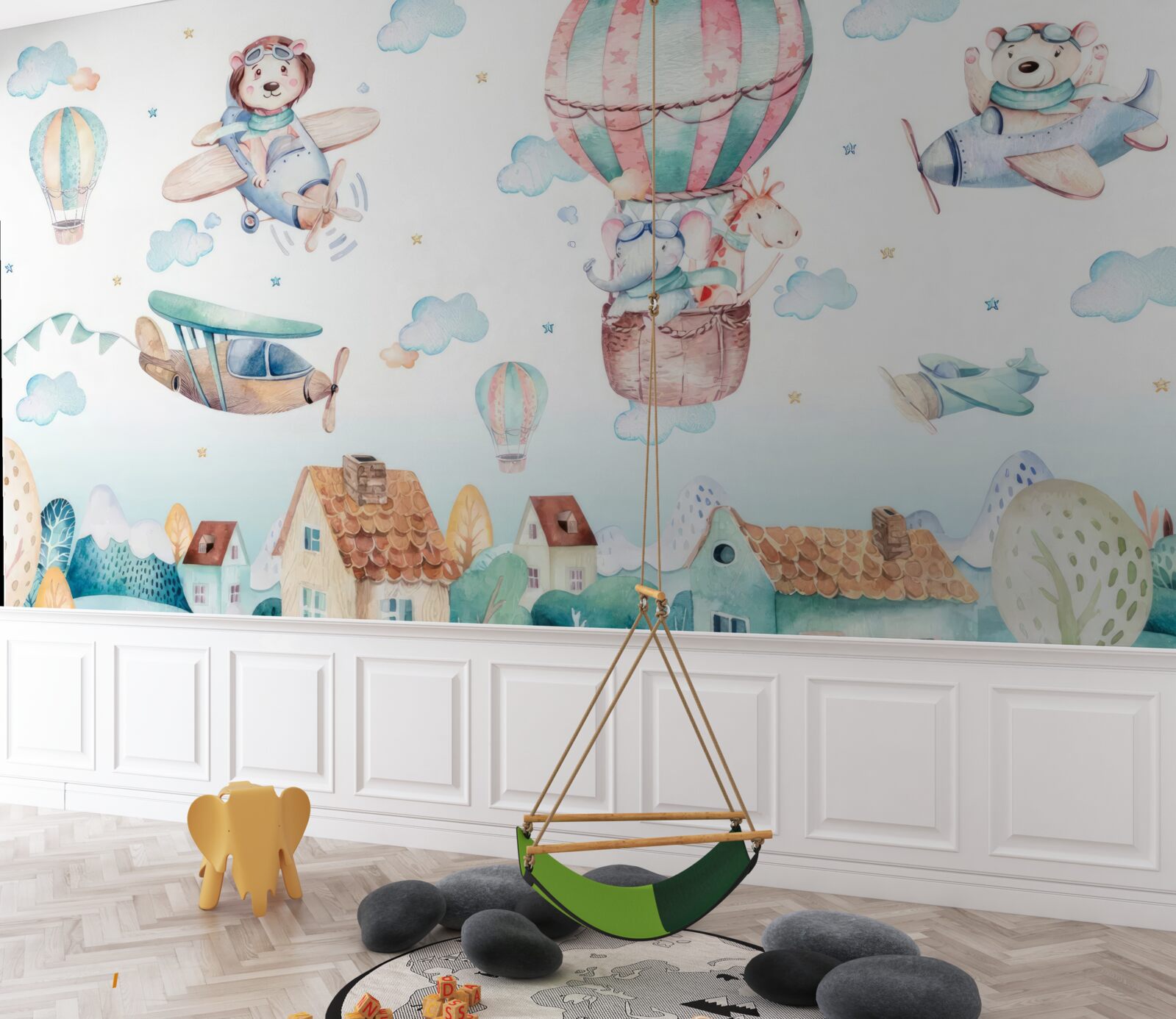 Fototapet animalele zboară peste case cu vehicule