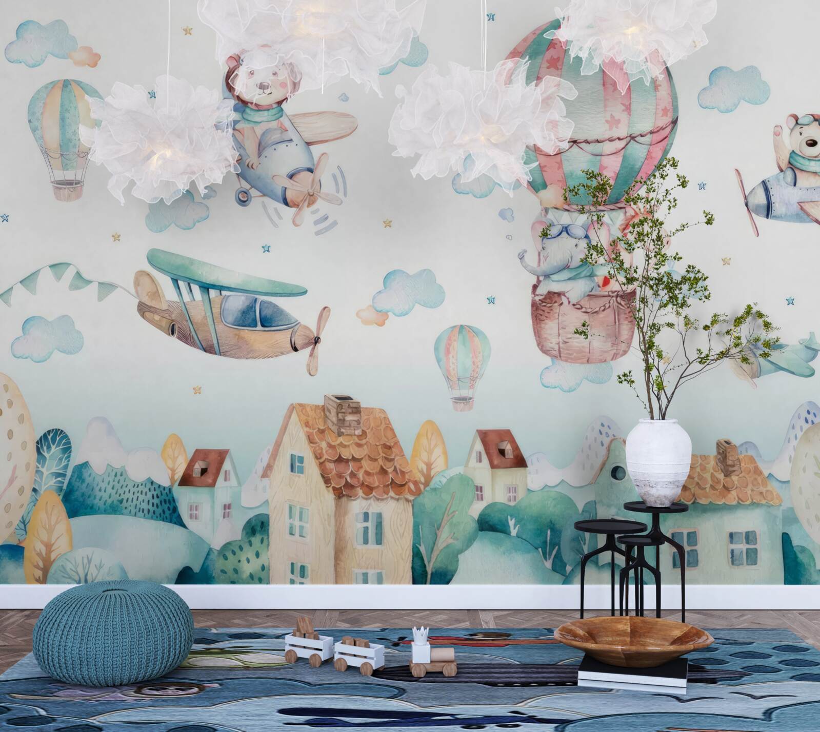 Fototapet animalele zboară peste case cu vehicule