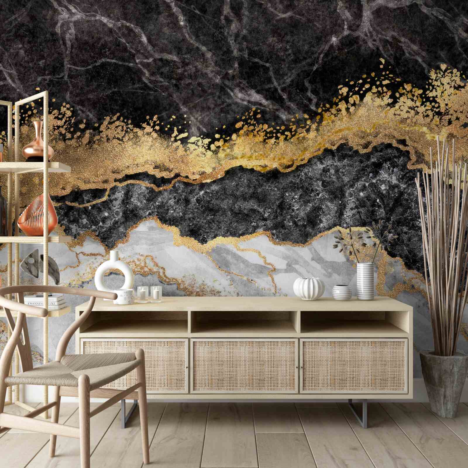 Fototapet marmură în nuanțe de negru, alb și auriu