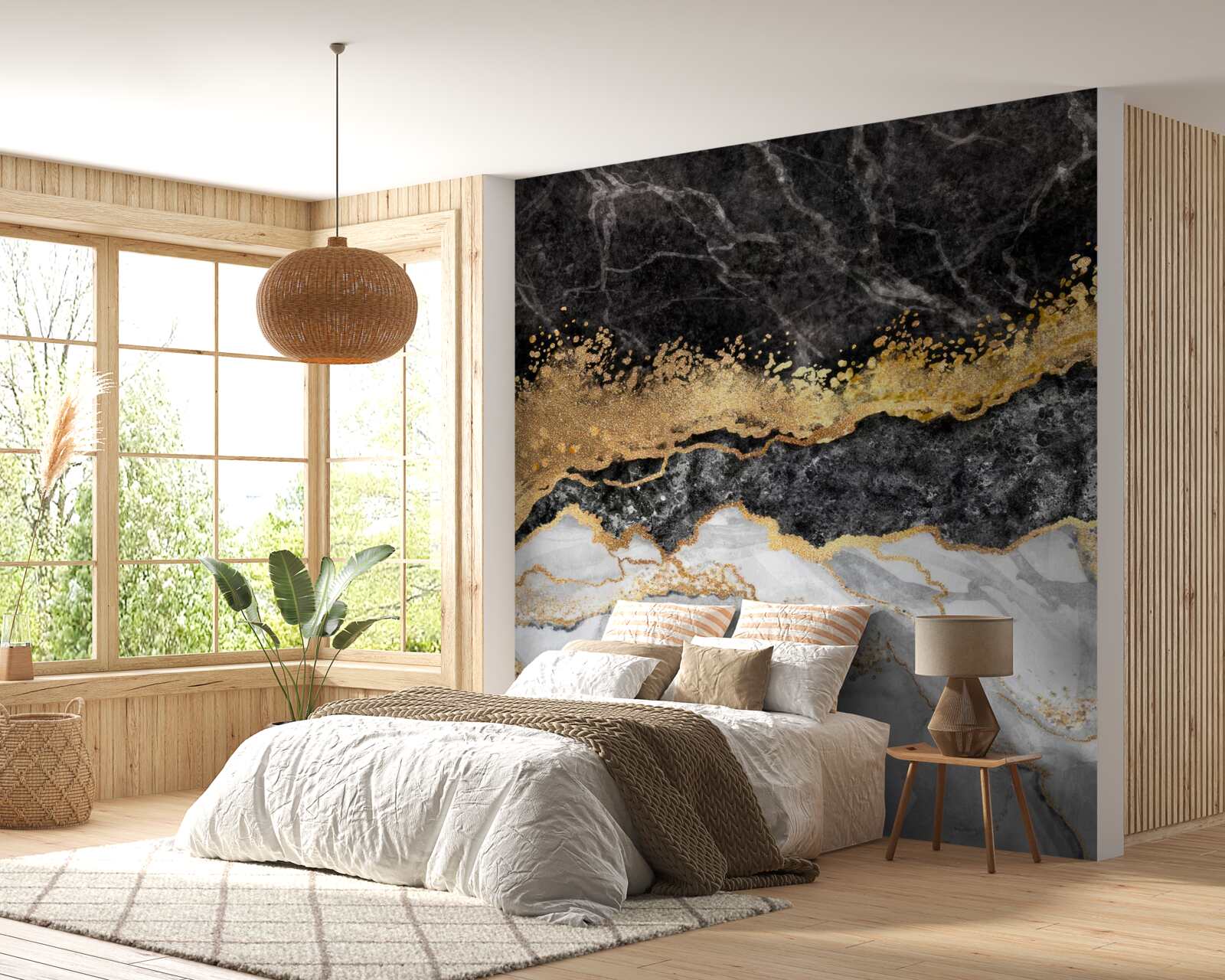 Fototapet marmură în nuanțe de negru, alb și auriu