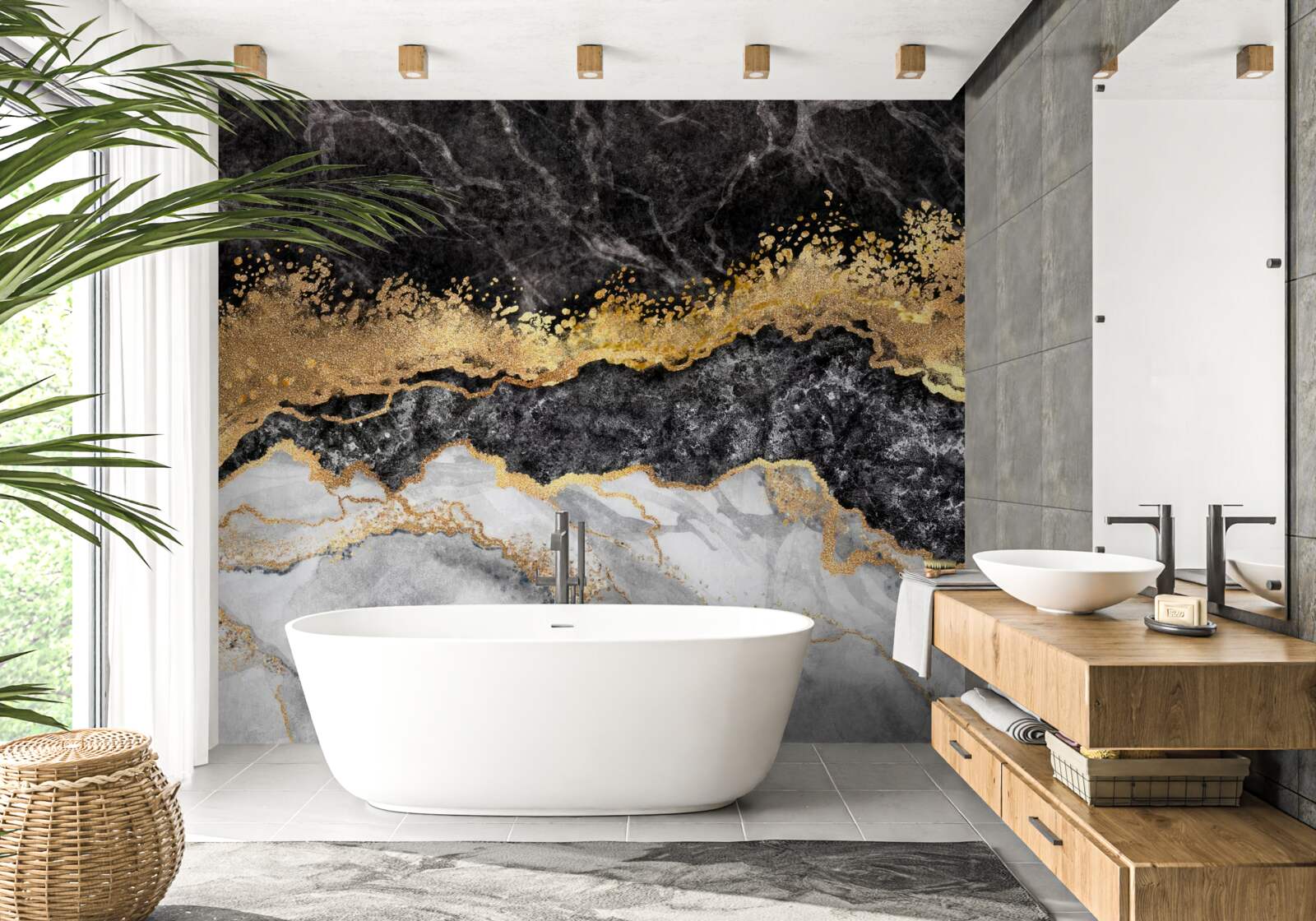 Fototapet marmură în nuanțe de negru, alb și auriu