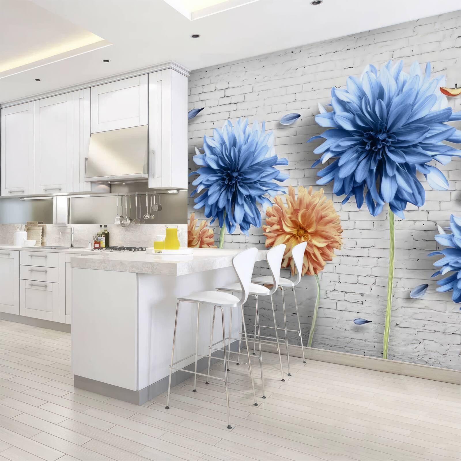 Fototapet Flori în nuanțe de maro și albastru pe un fundal de cărămidă