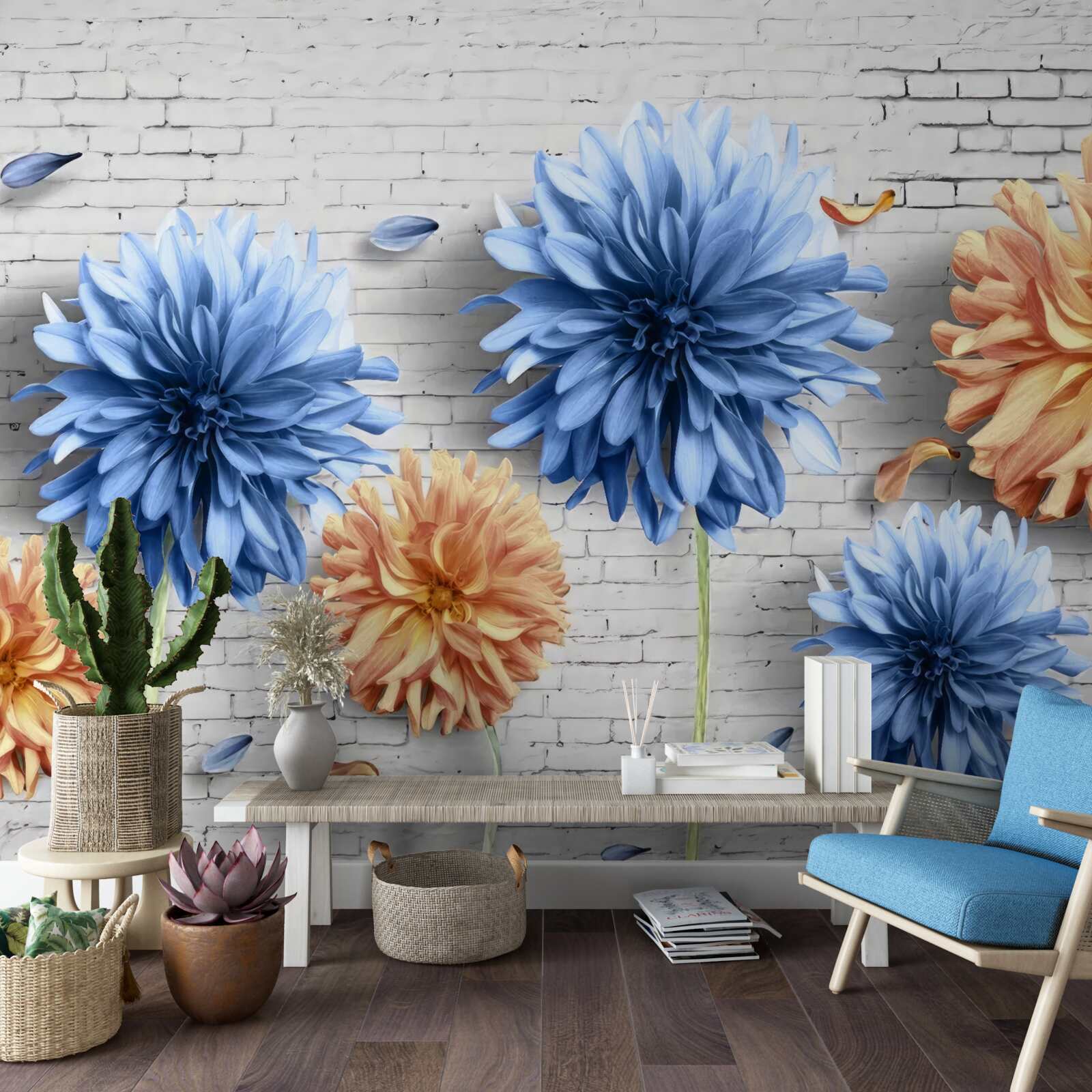 Fototapet Flori în nuanțe de maro și albastru pe un fundal de cărămidă