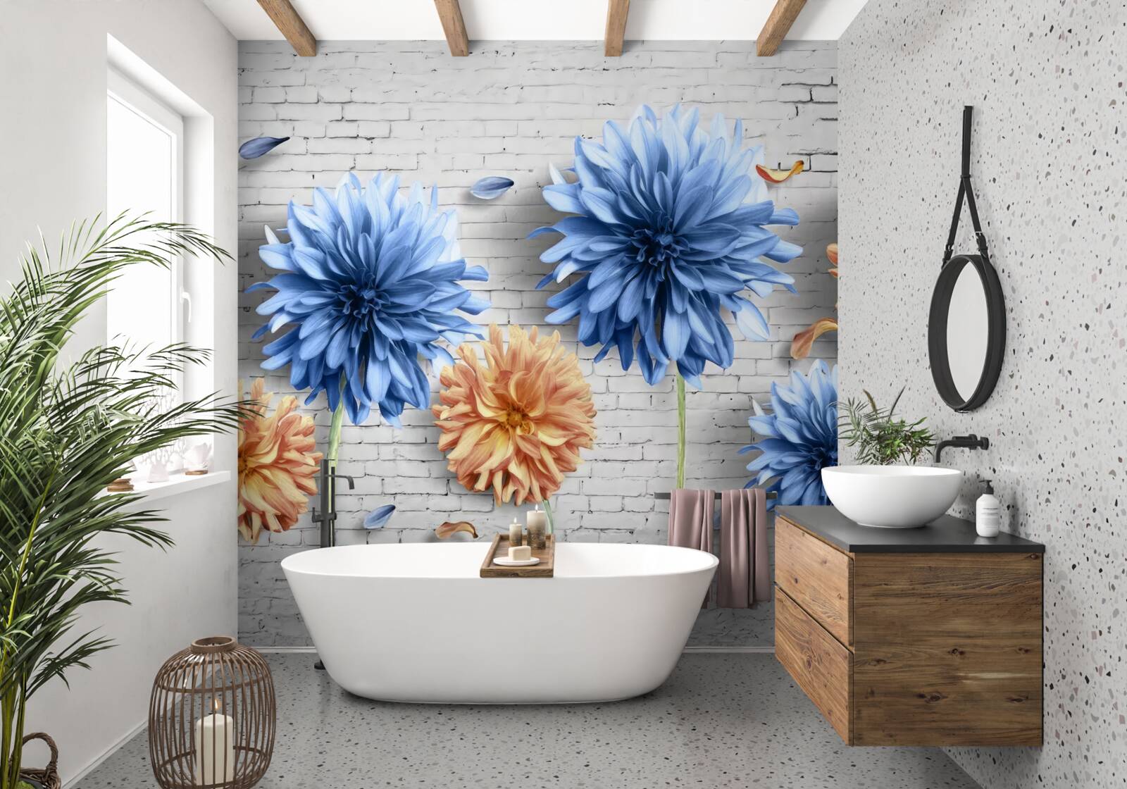 Fototapet Flori în nuanțe de maro și albastru pe un fundal de cărămidă