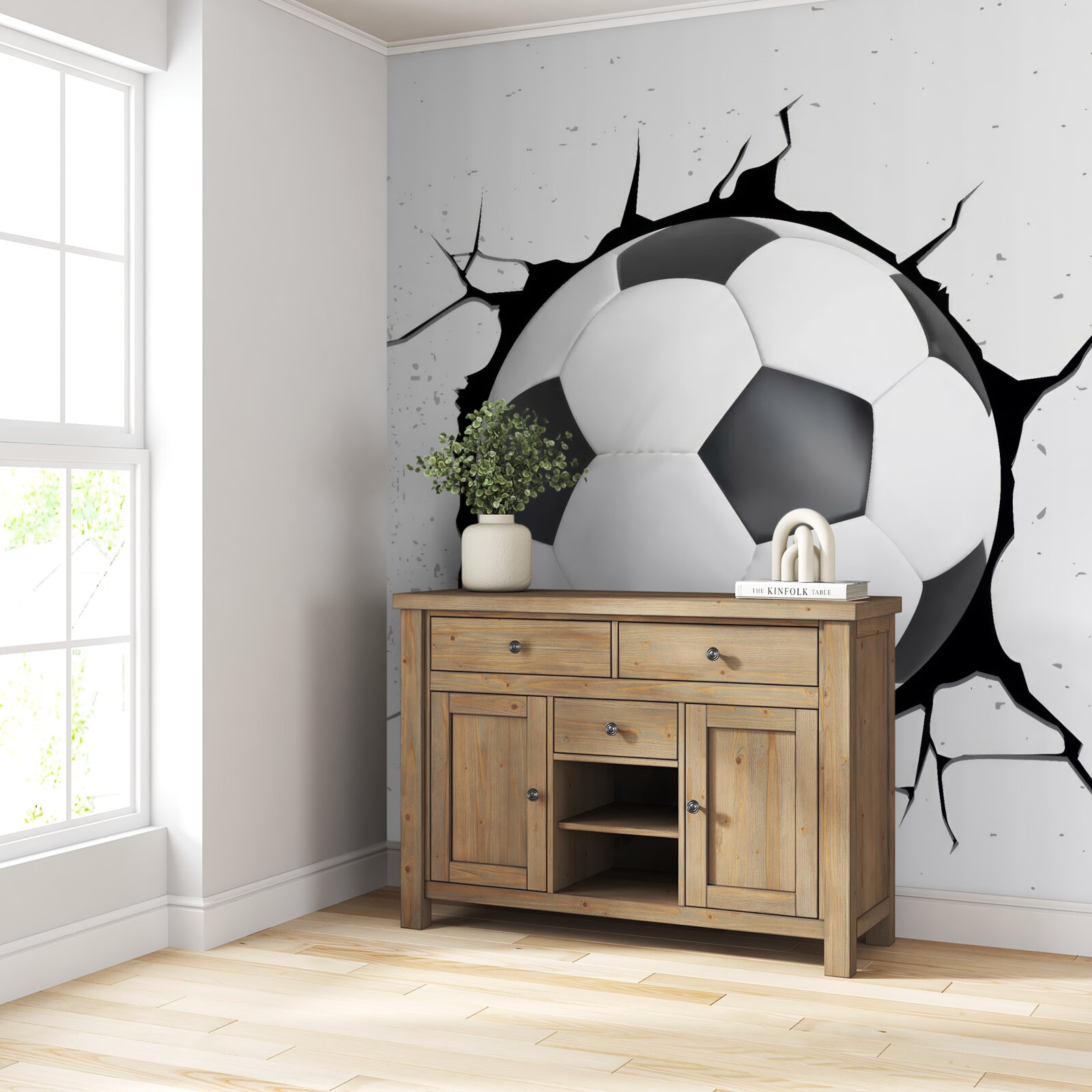 Fototapet o minge de fotbal iese din perete