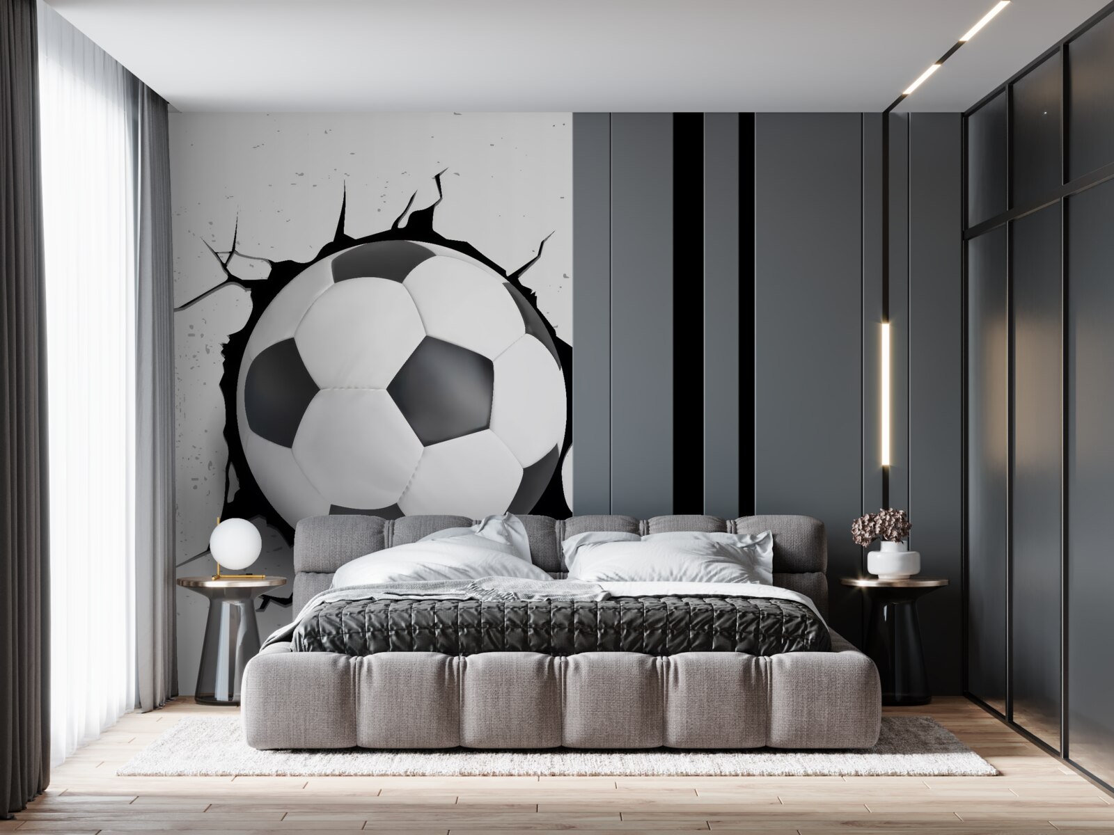 Fototapet o minge de fotbal iese din perete