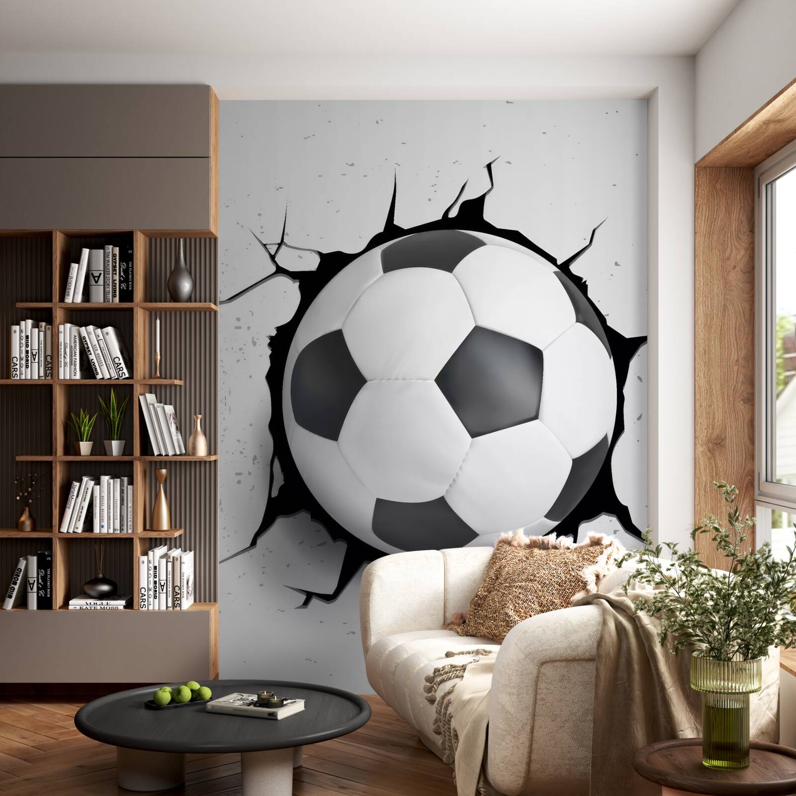 Fototapet o minge de fotbal iese din perete
