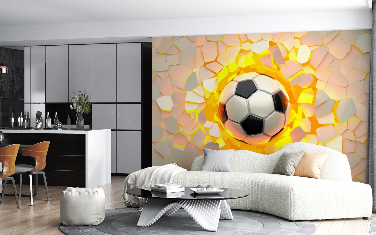 Fototapet mingea trece prin perete, emițând o strălucire aurie