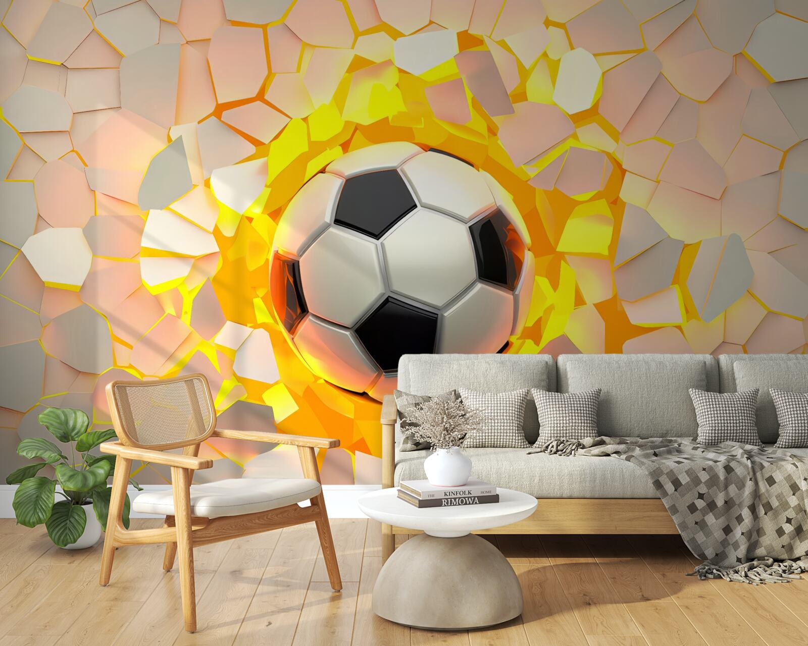 Fototapet mingea trece prin perete, emițând o strălucire aurie