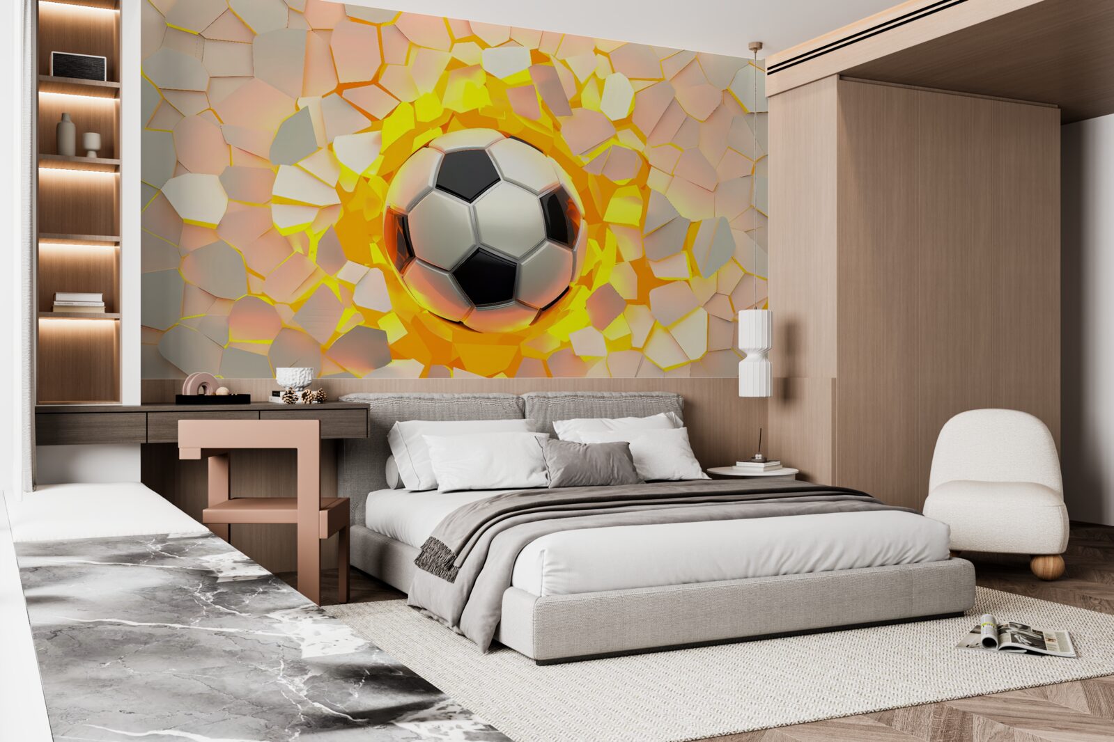 Fototapet mingea trece prin perete, emițând o strălucire aurie