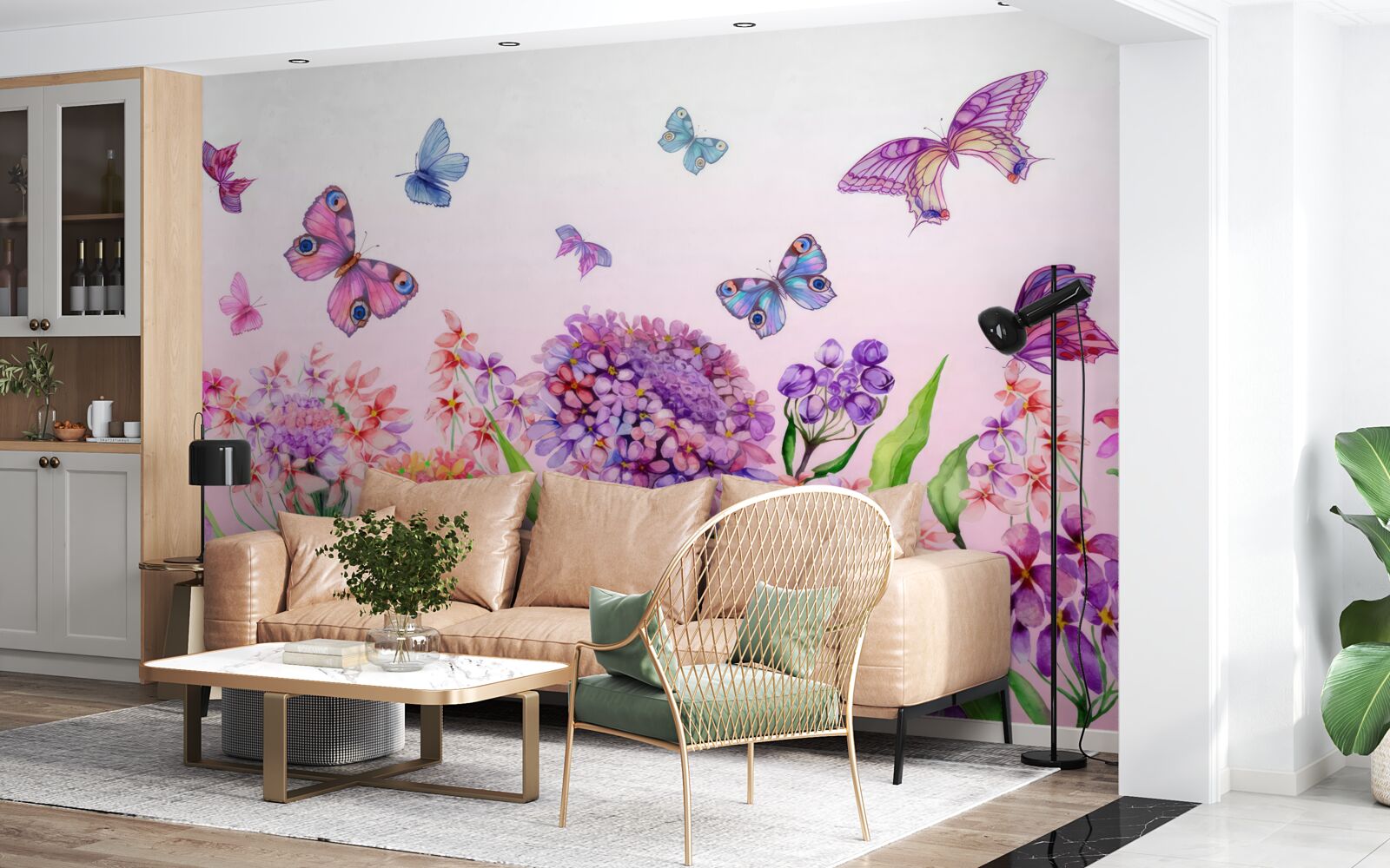 Fototapet fluturii zboară peste flori