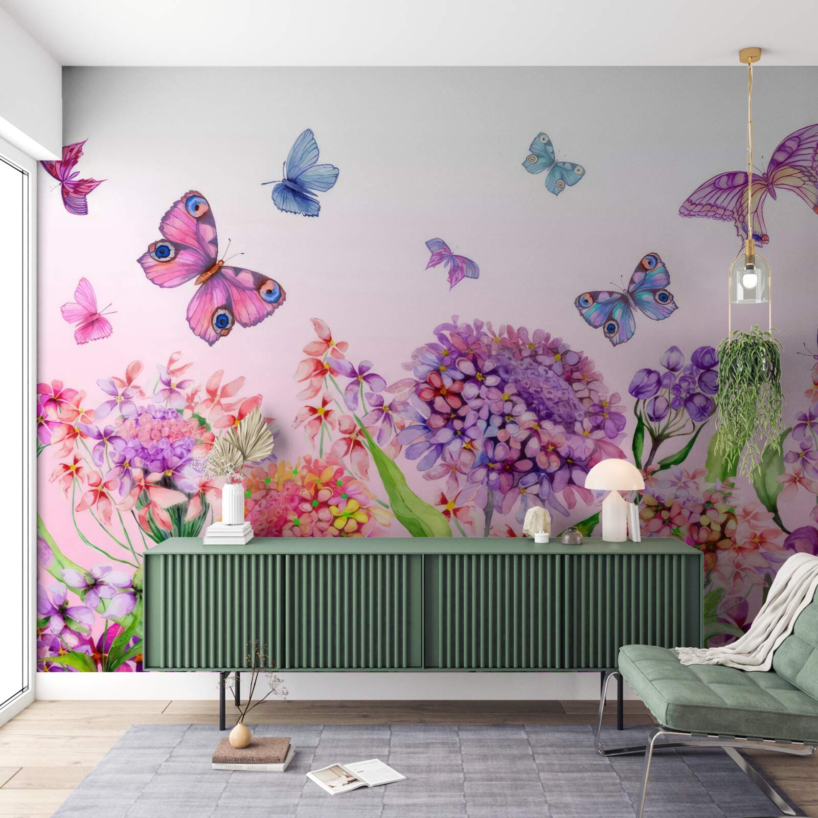 Fototapet fluturii zboară peste flori