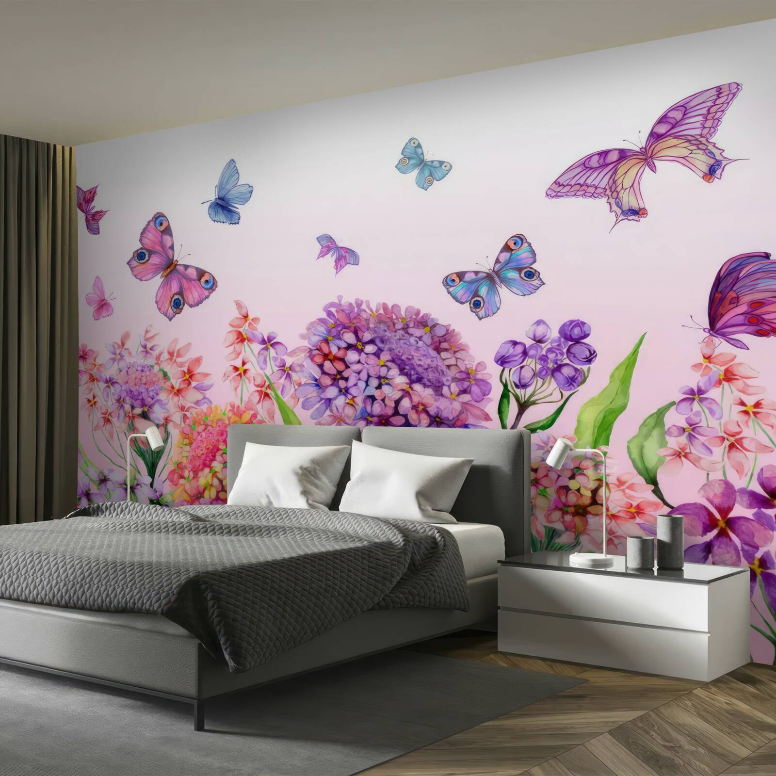 Fototapet fluturii zboară peste flori