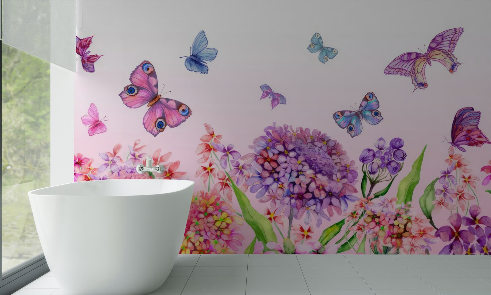 Fototapet fluturii zboară peste flori