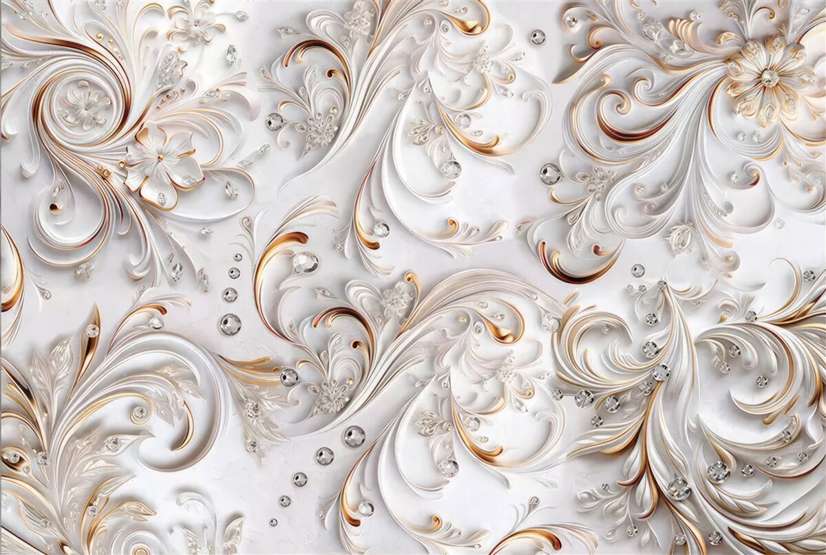 Fototapet flori albe ca zăpada cu bucle aurii și elemente volumetrice