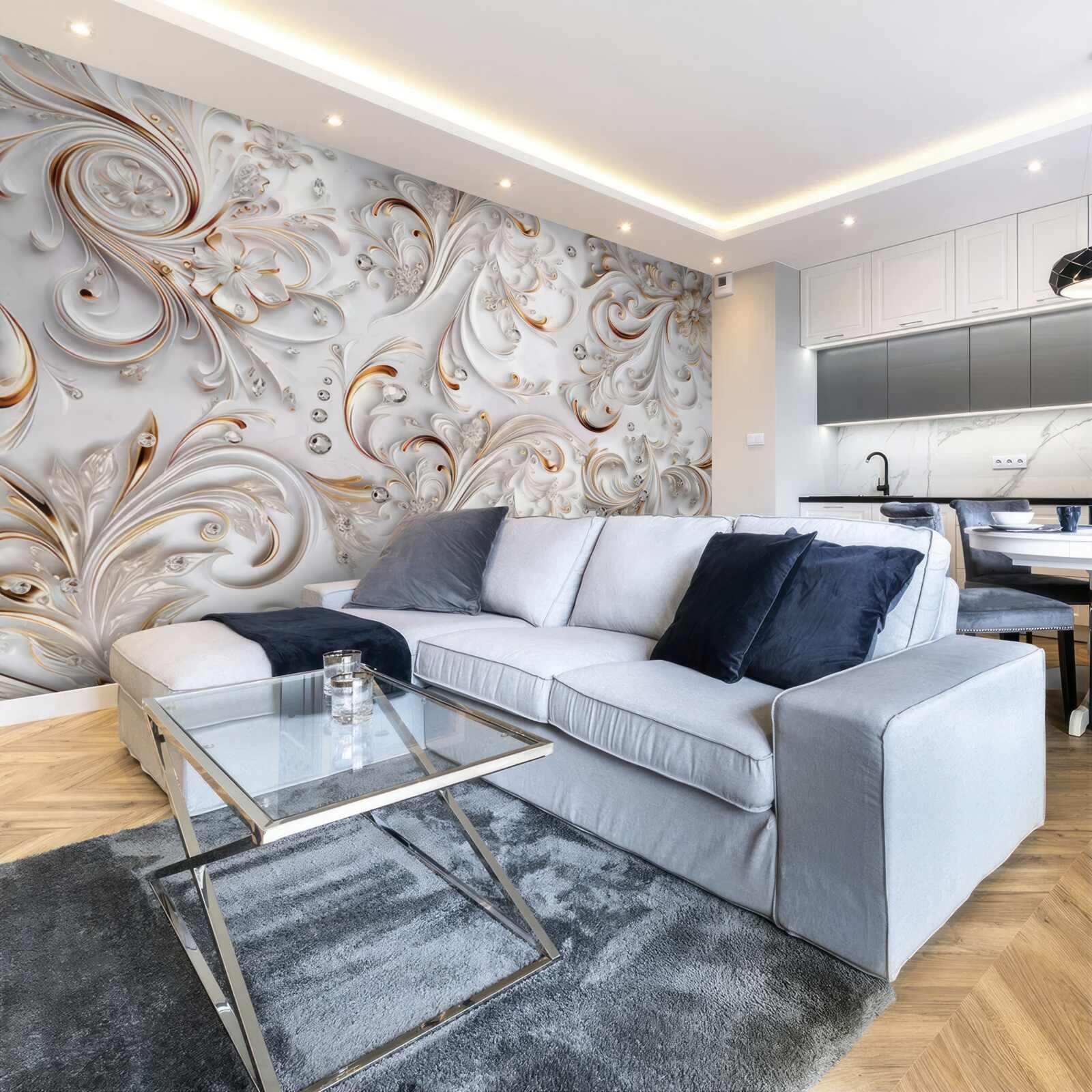 Fototapet flori albe ca zăpada cu bucle aurii și elemente volumetrice