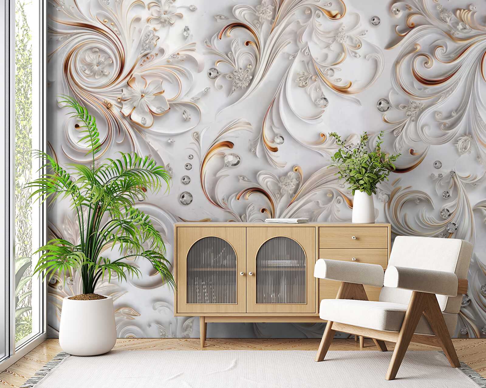 Fototapet flori albe ca zăpada cu bucle aurii și elemente volumetrice