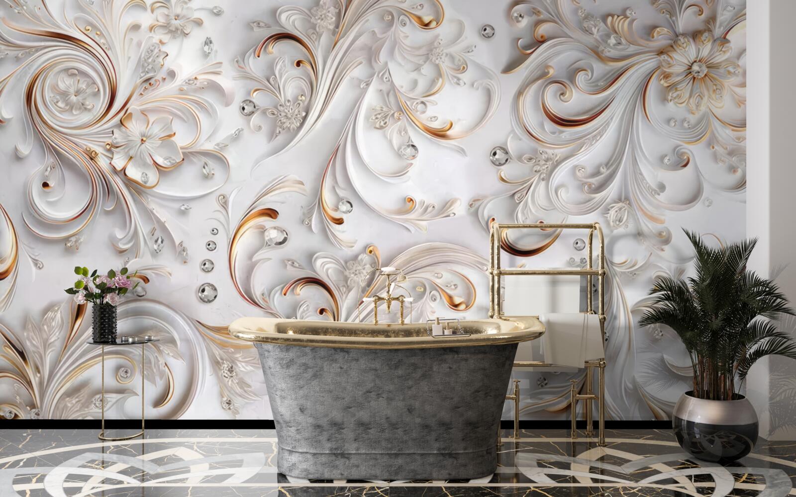 Fototapet flori albe ca zăpada cu bucle aurii și elemente volumetrice