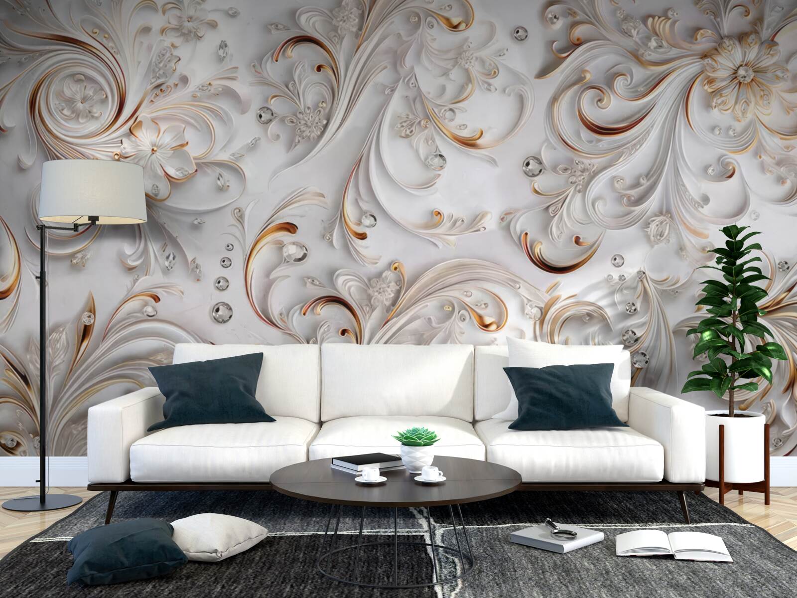 Fototapet flori albe ca zăpada cu bucle aurii și elemente volumetrice