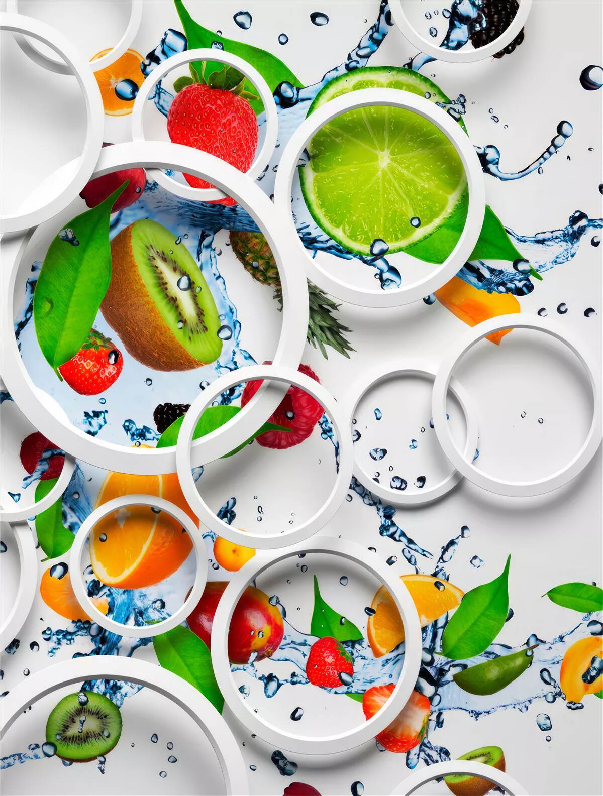 Fototapet cercuri volumetrice albe și fructe