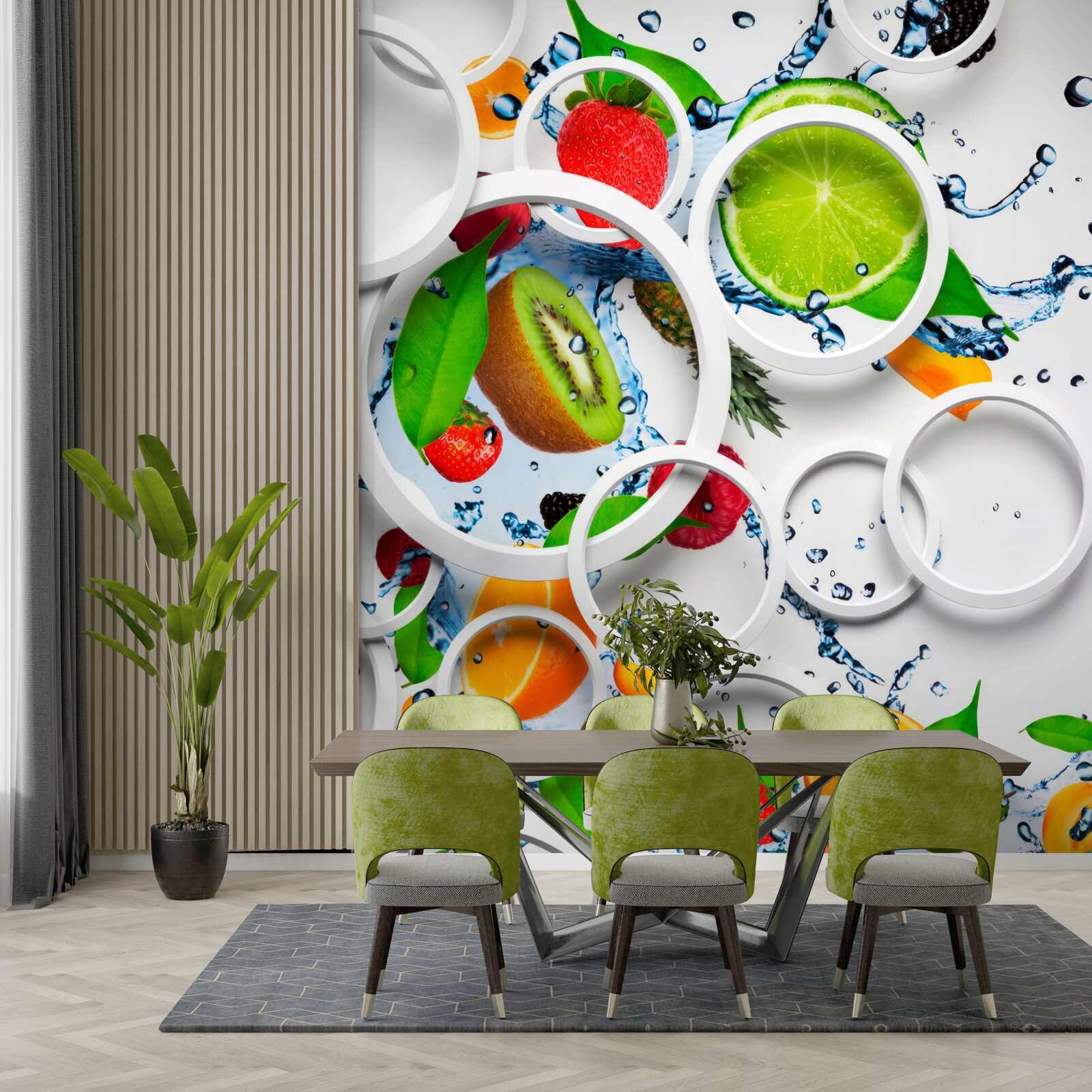 Fototapet cercuri volumetrice albe și fructe