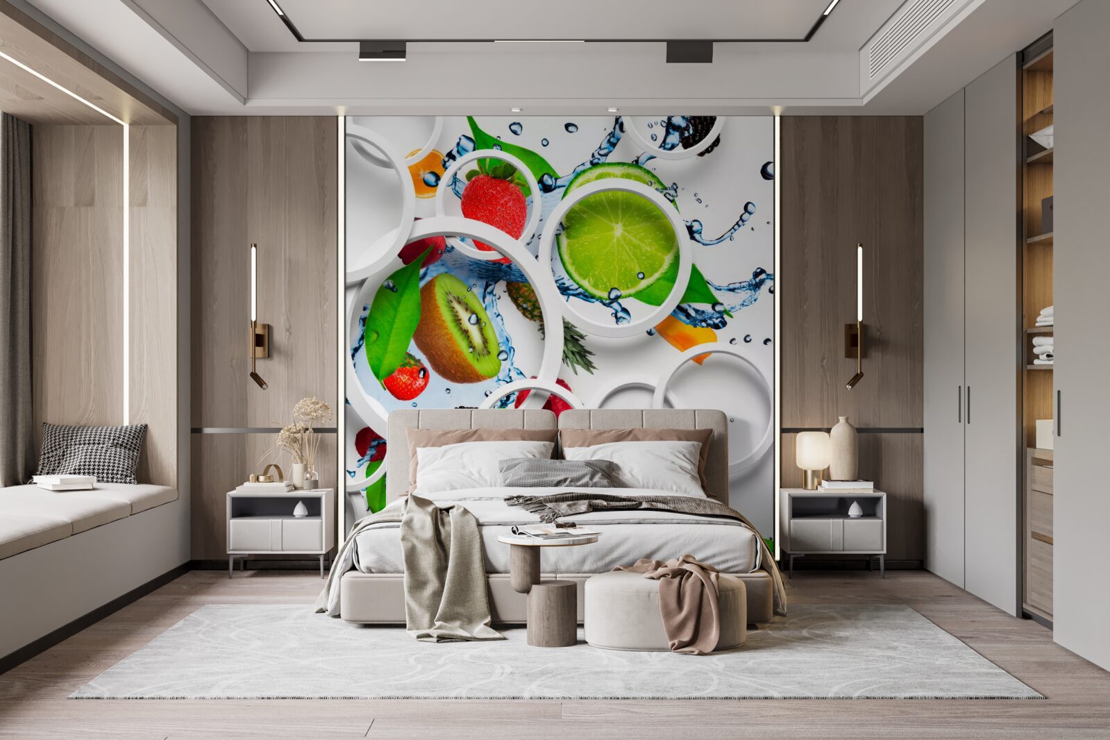 Fototapet cercuri volumetrice albe și fructe