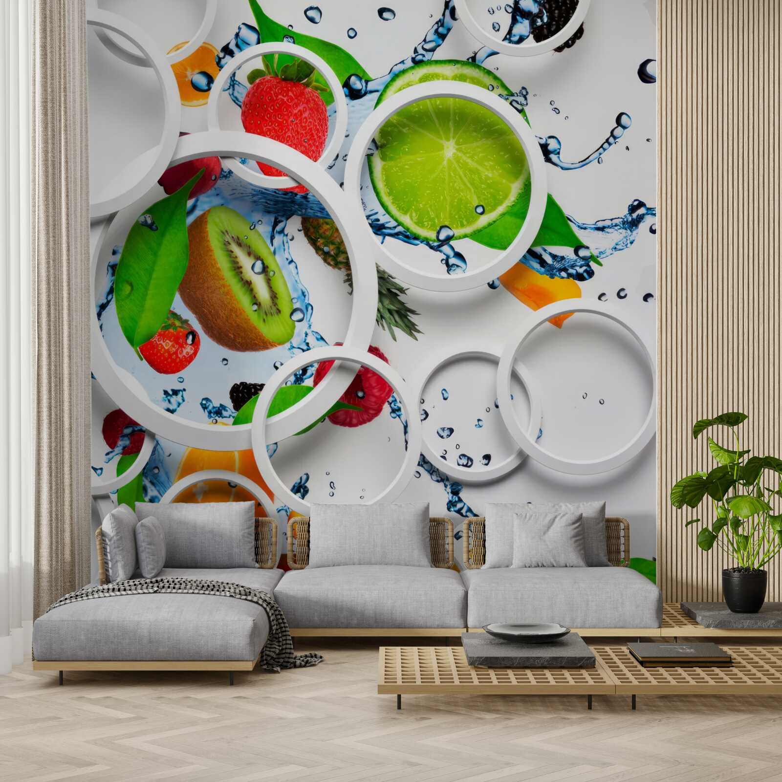 Fototapet cercuri volumetrice albe și fructe