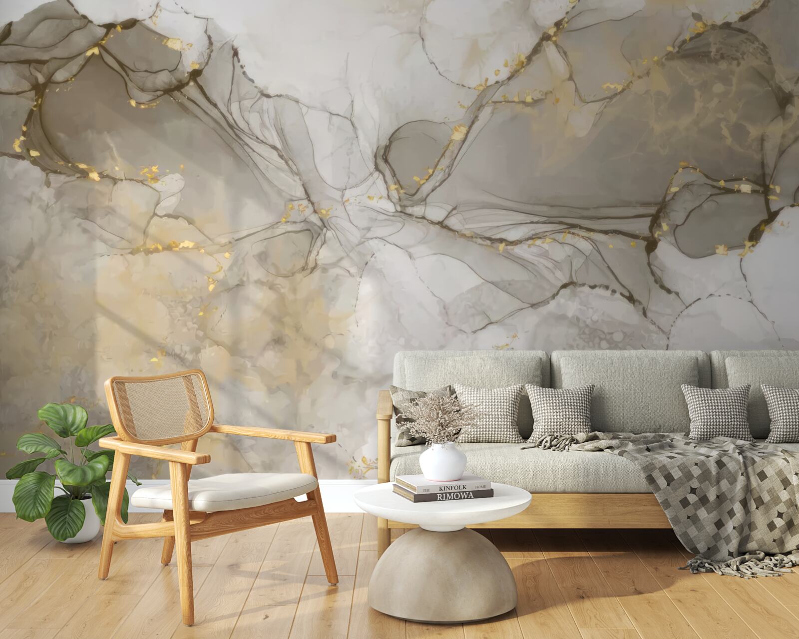 Fototapet alb și gri cu marmură aurită