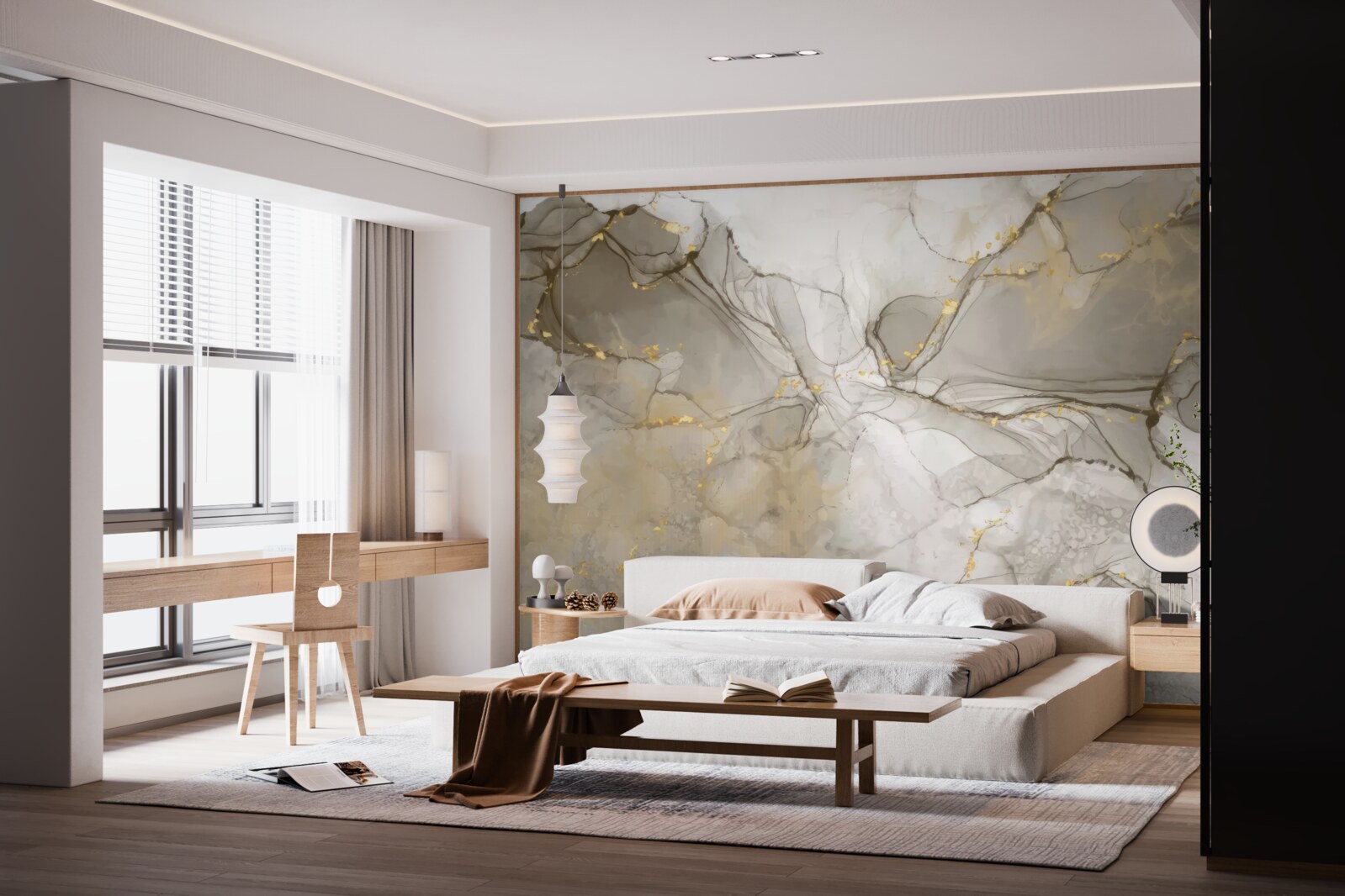 Fototapet alb și gri cu marmură aurită