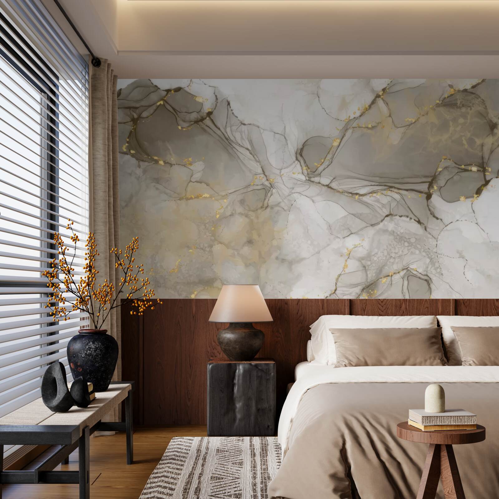 Fototapet alb și gri cu marmură aurită