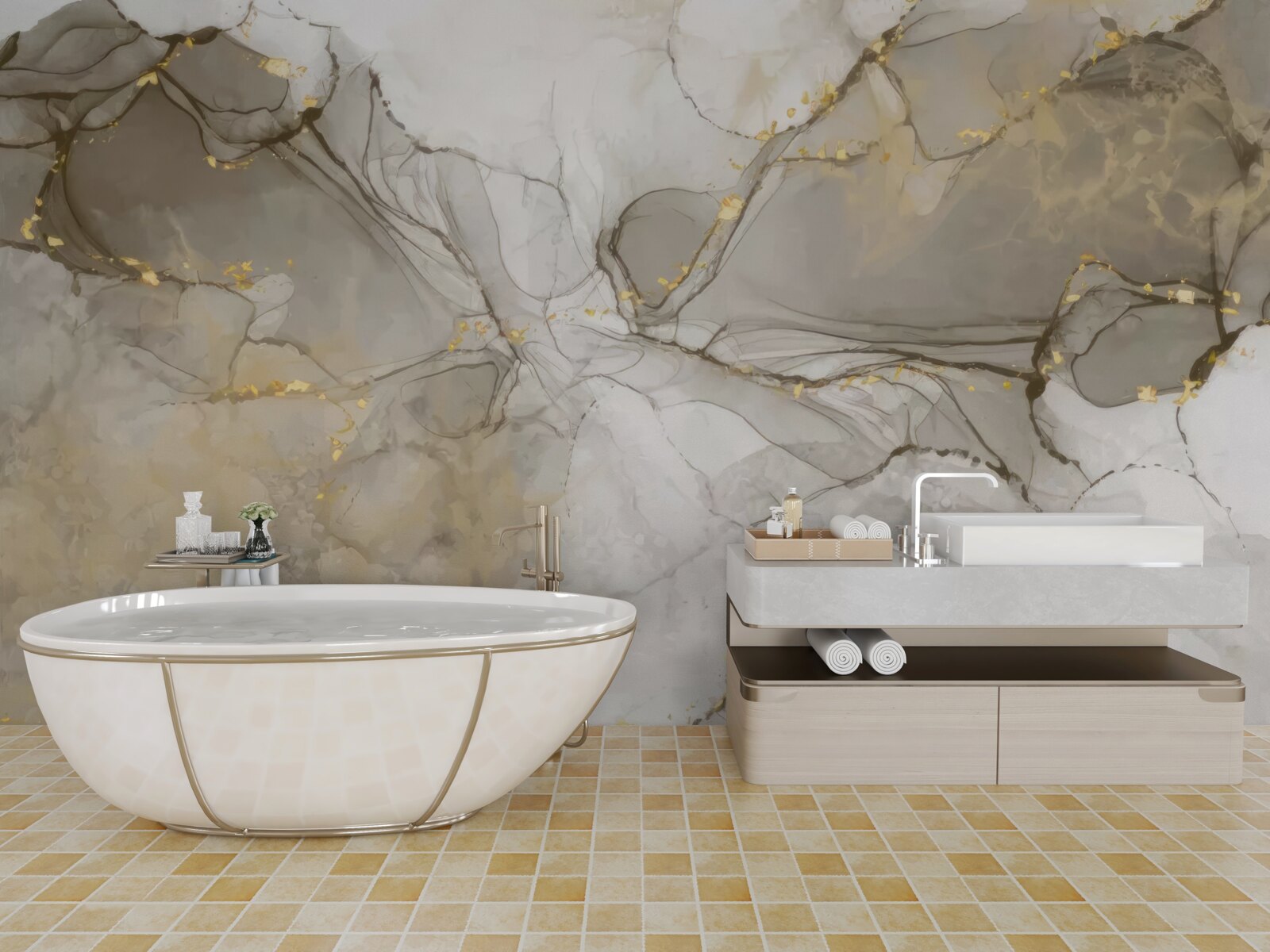 Fototapet alb și gri cu marmură aurită