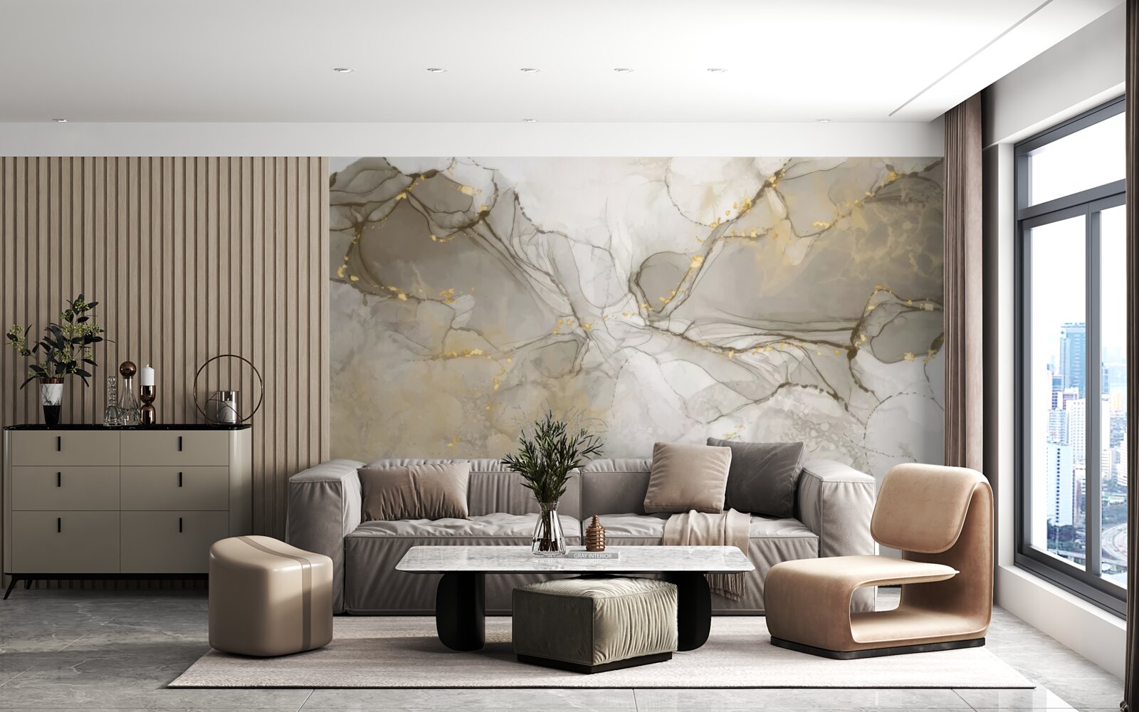 Fototapet alb și gri cu marmură aurită