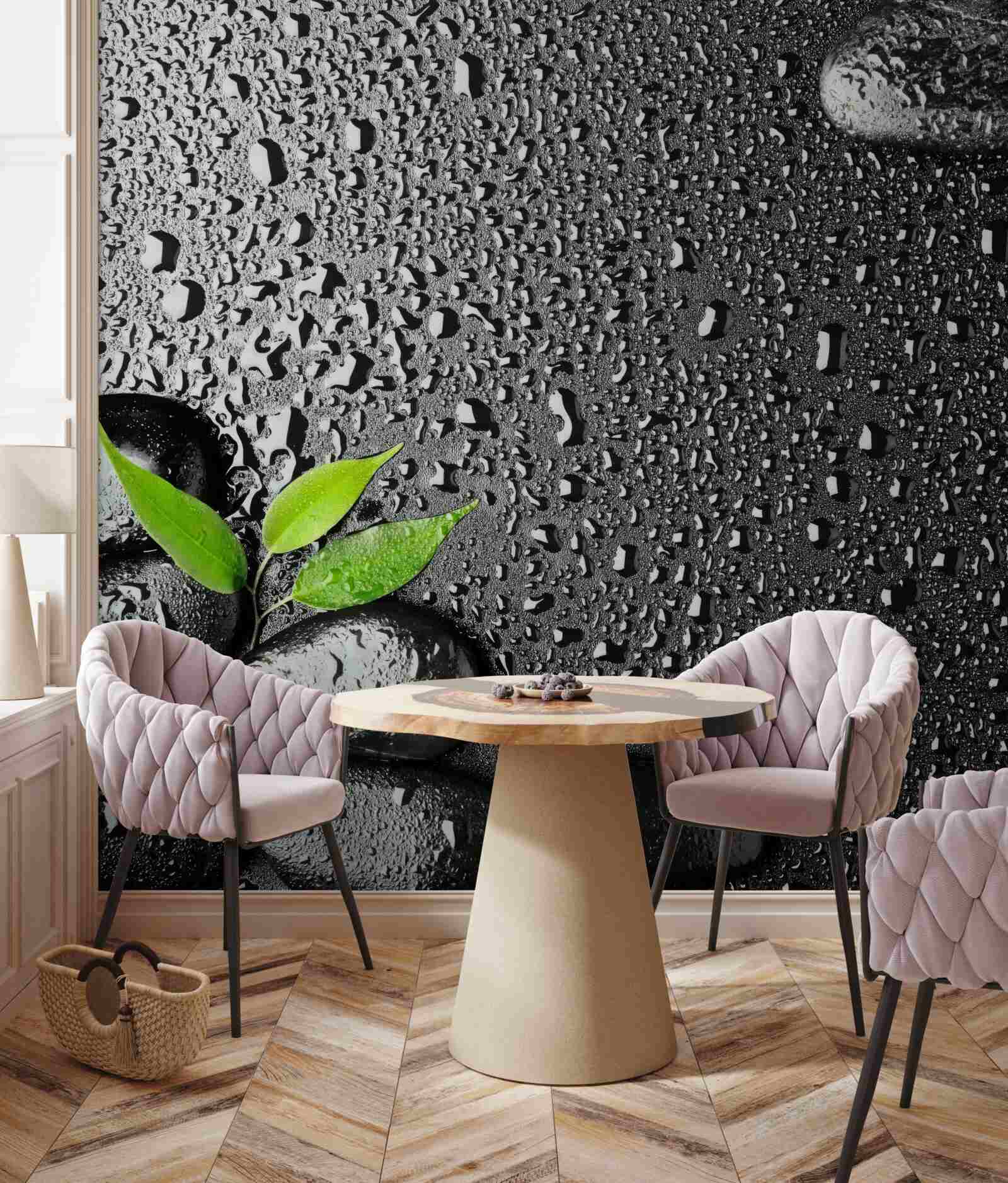 Fototapet frunze verzi și pietre negre