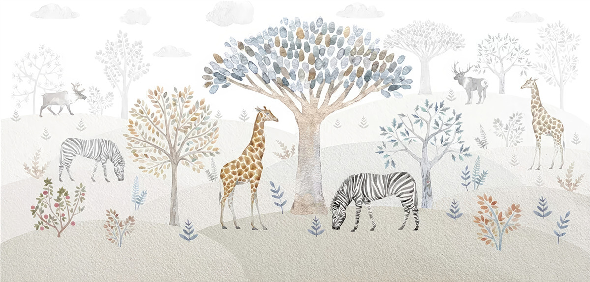 Fototapet în pădure trăiesc girafe, zebre și căprioare