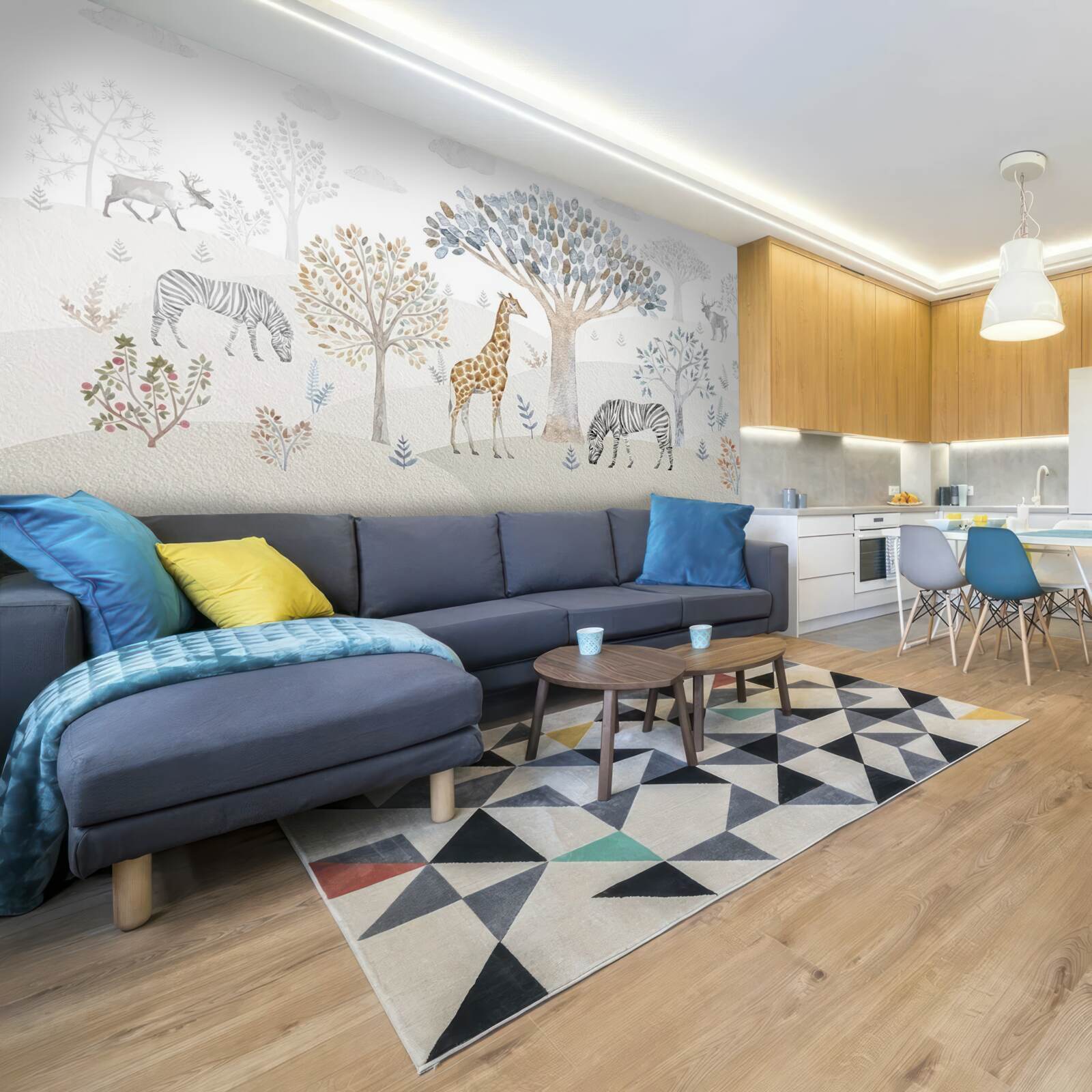 Fototapet în pădure trăiesc girafe, zebre și căprioare