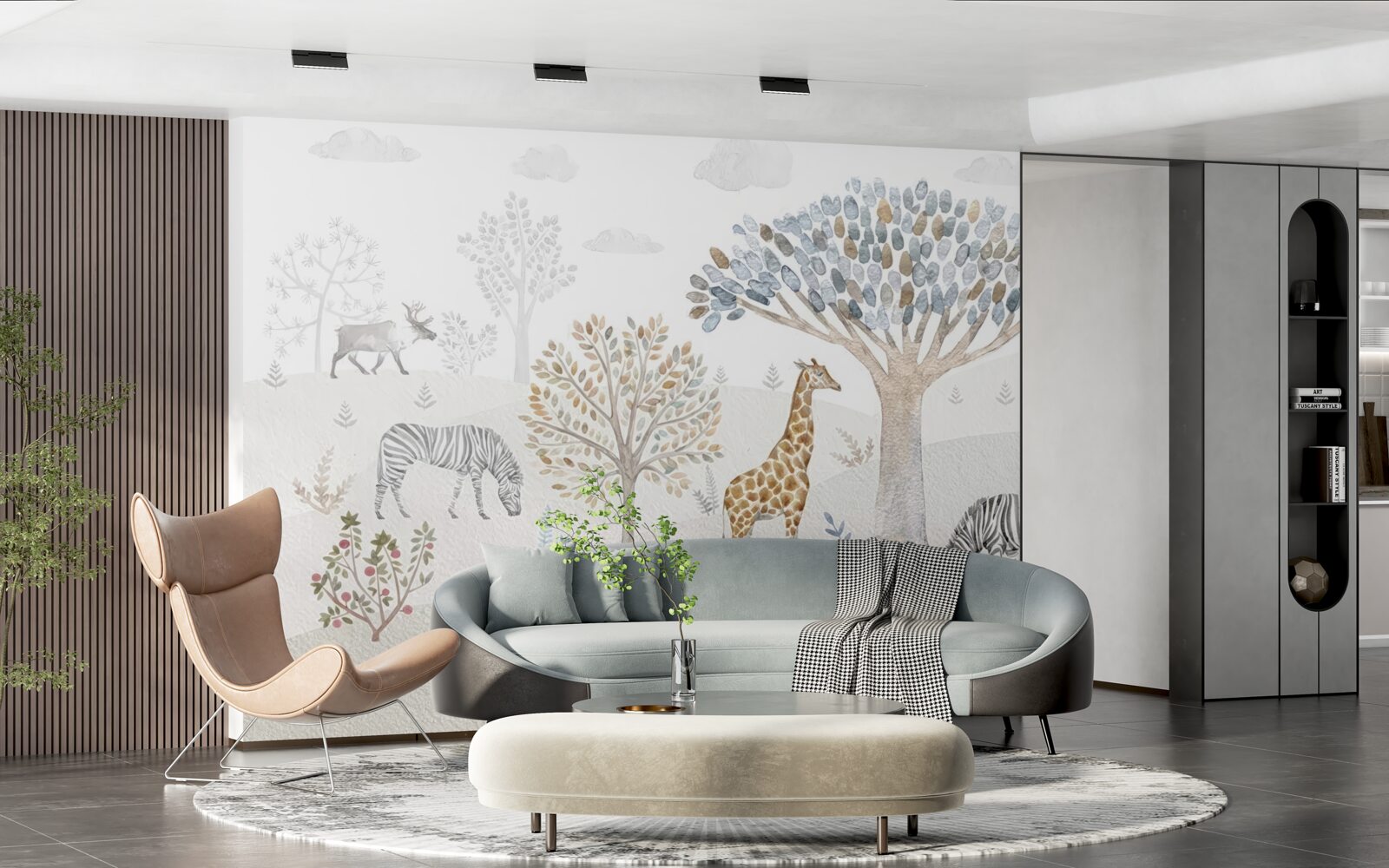 Fototapet în pădure trăiesc girafe, zebre și căprioare