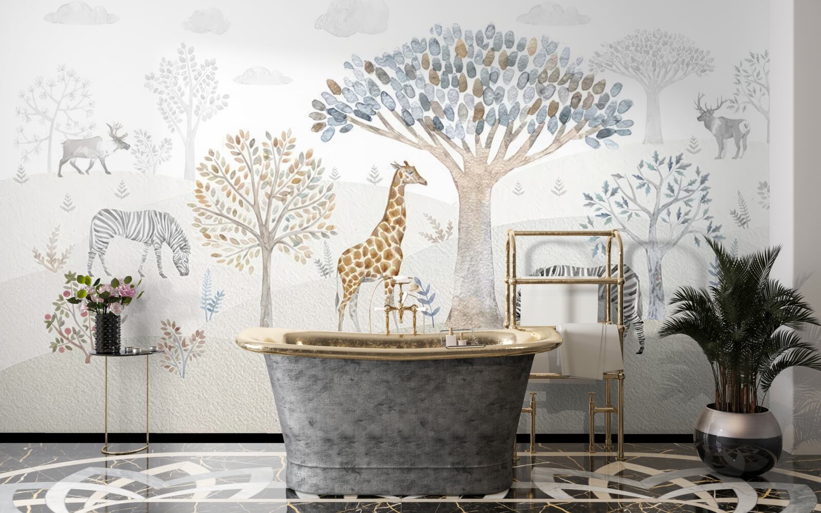 Fototapet în pădure trăiesc girafe, zebre și căprioare