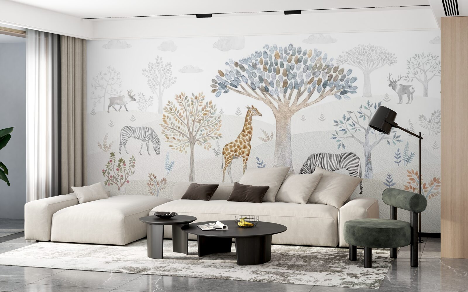 Fototapet în pădure trăiesc girafe, zebre și căprioare