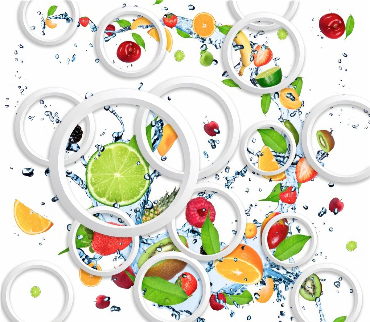 Fototapet cercuri albe și fructe feliate