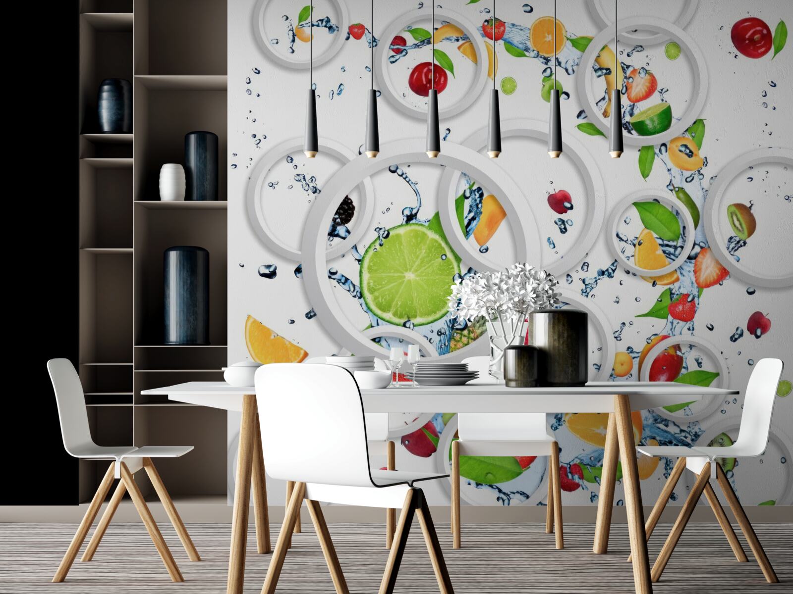 Fototapet cercuri albe și fructe feliate
