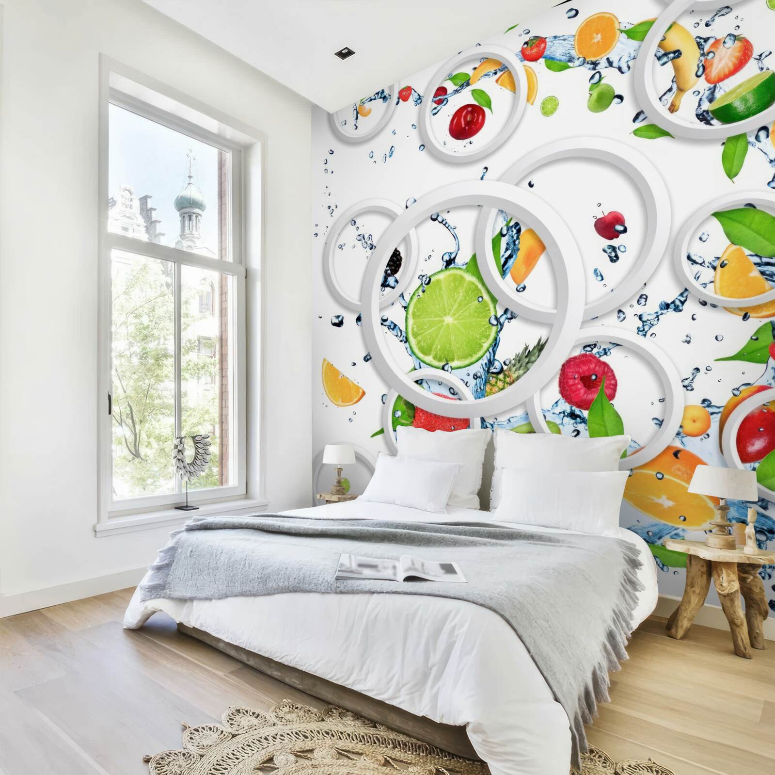 Fototapet cercuri albe și fructe feliate